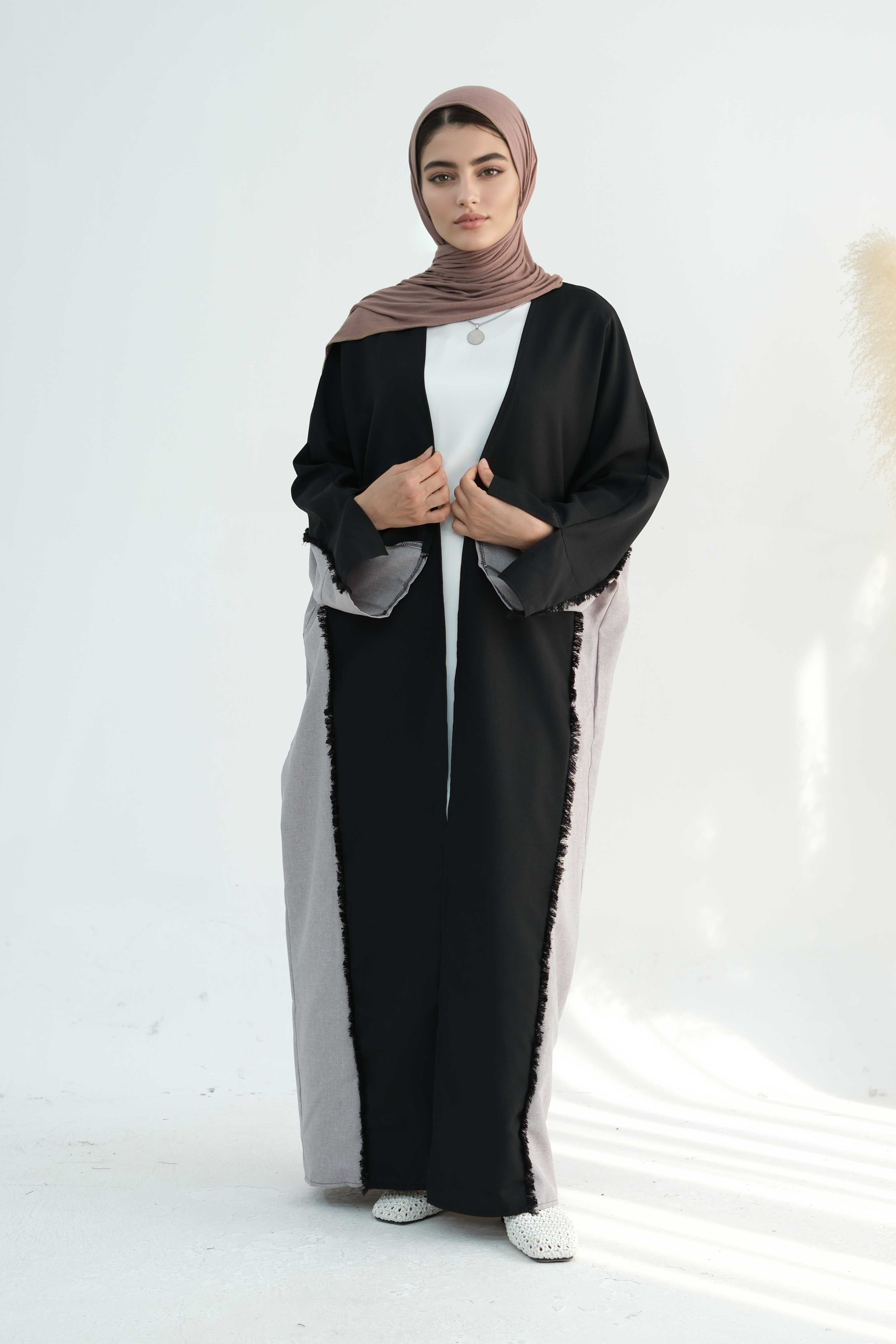 Dariya Two-Tone Fringe Trim Open Abaya 898-Black