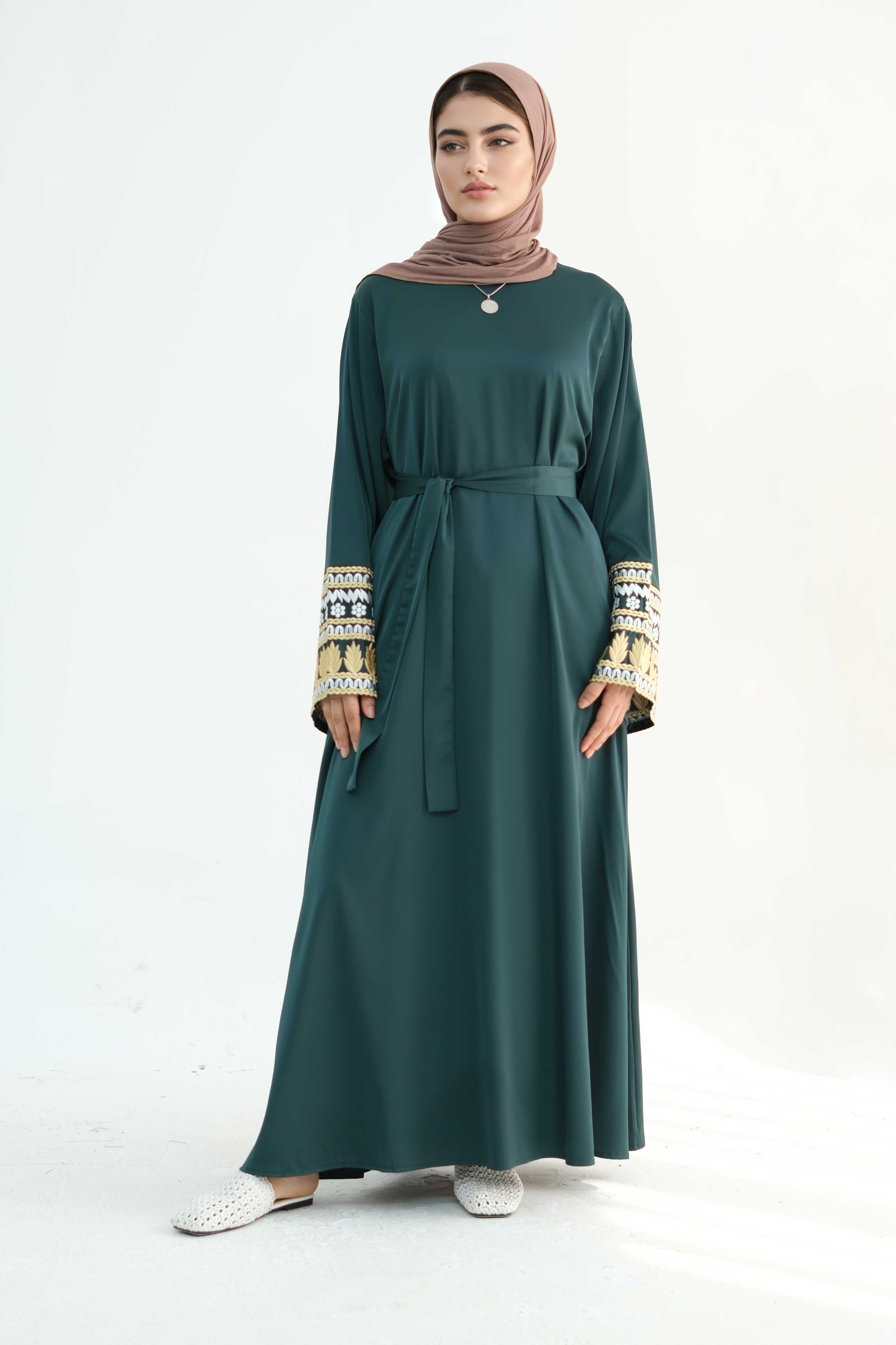 Sabreen Embroidered Maxi Dress Abaya with belt 880 - Dark Green