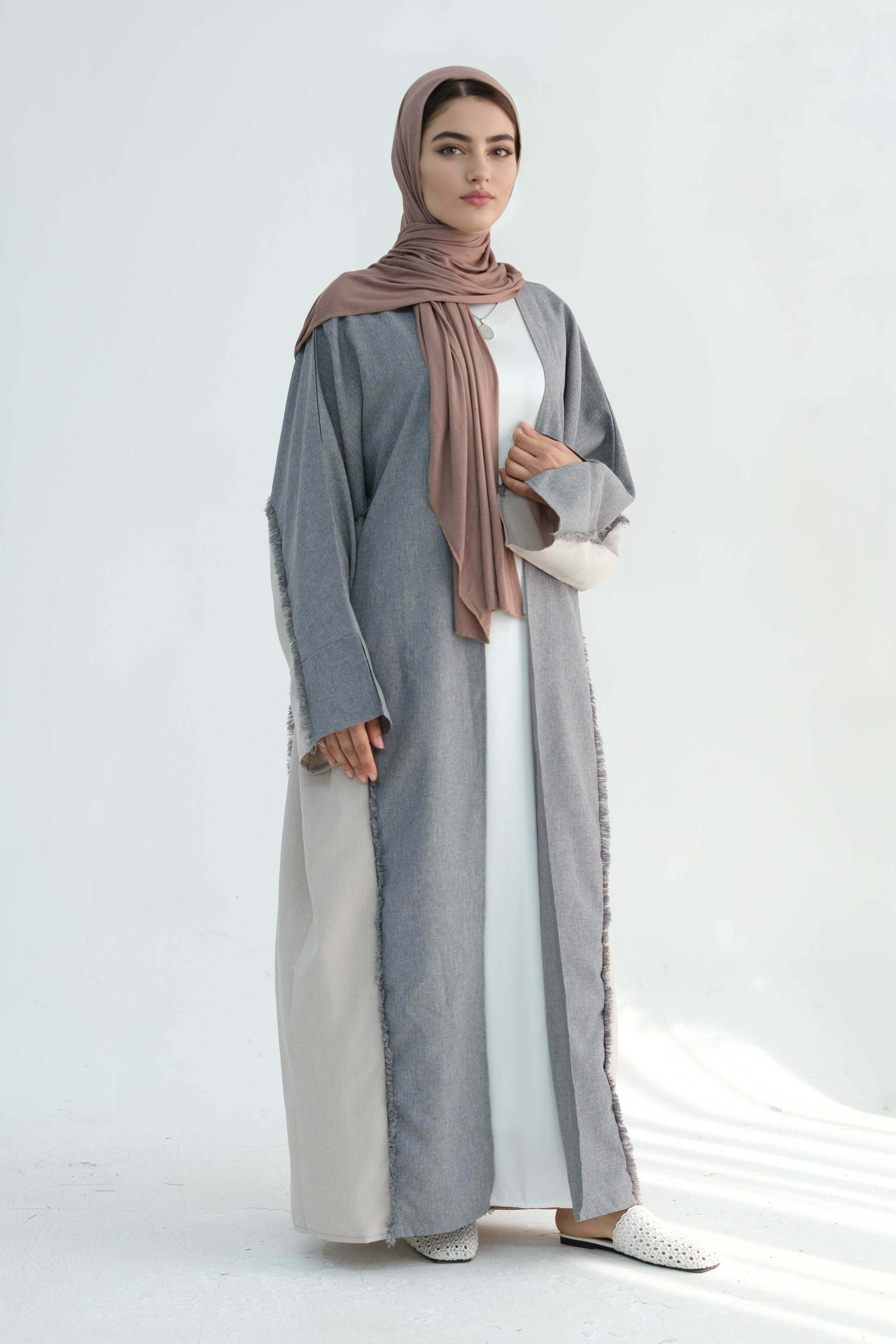 Dariya Two-Tone Fringe Trim Open Abaya 898-Grey