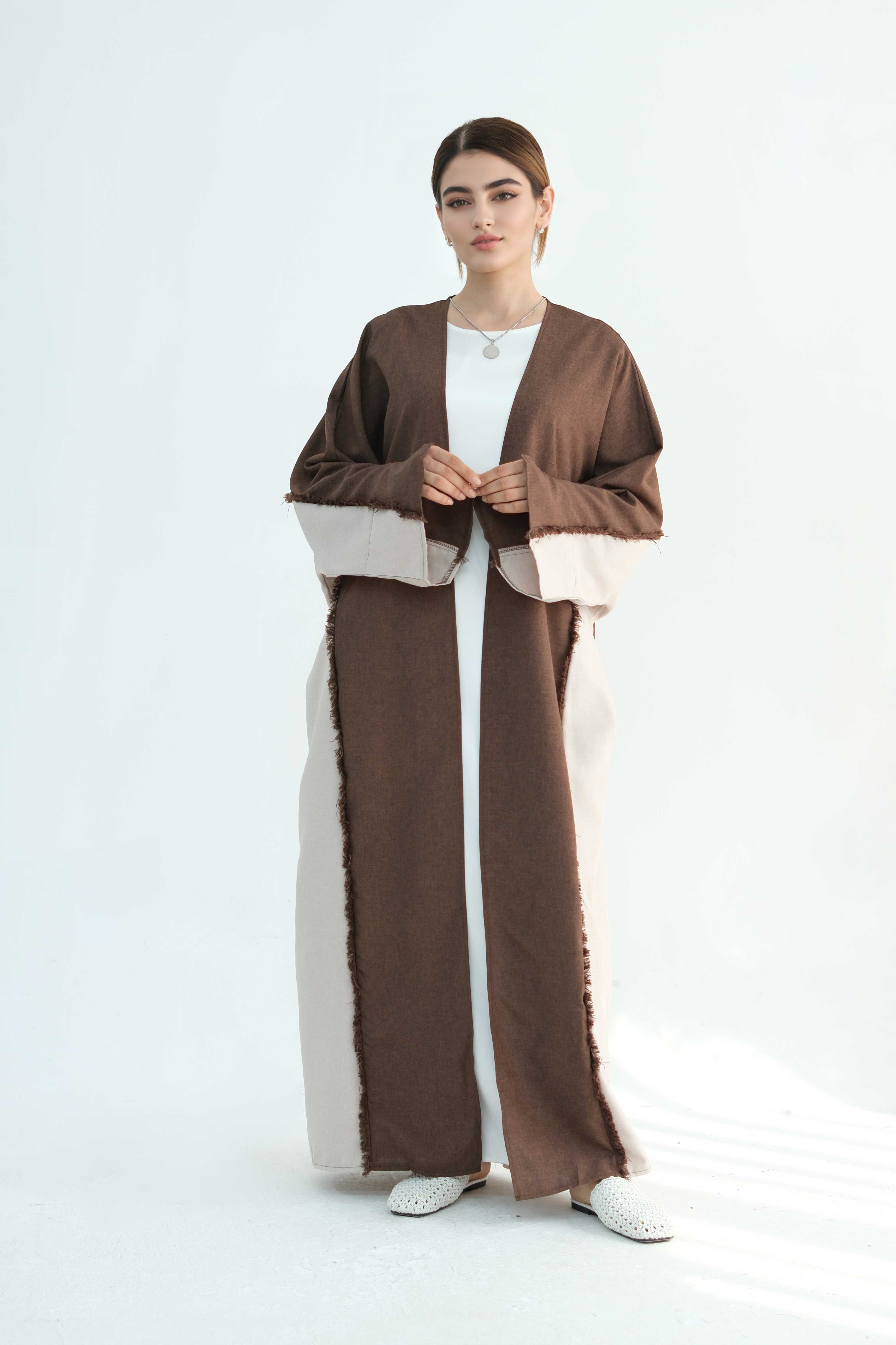 Dariya Two-Tone Fringe Trim Open Abaya 898-Coffee