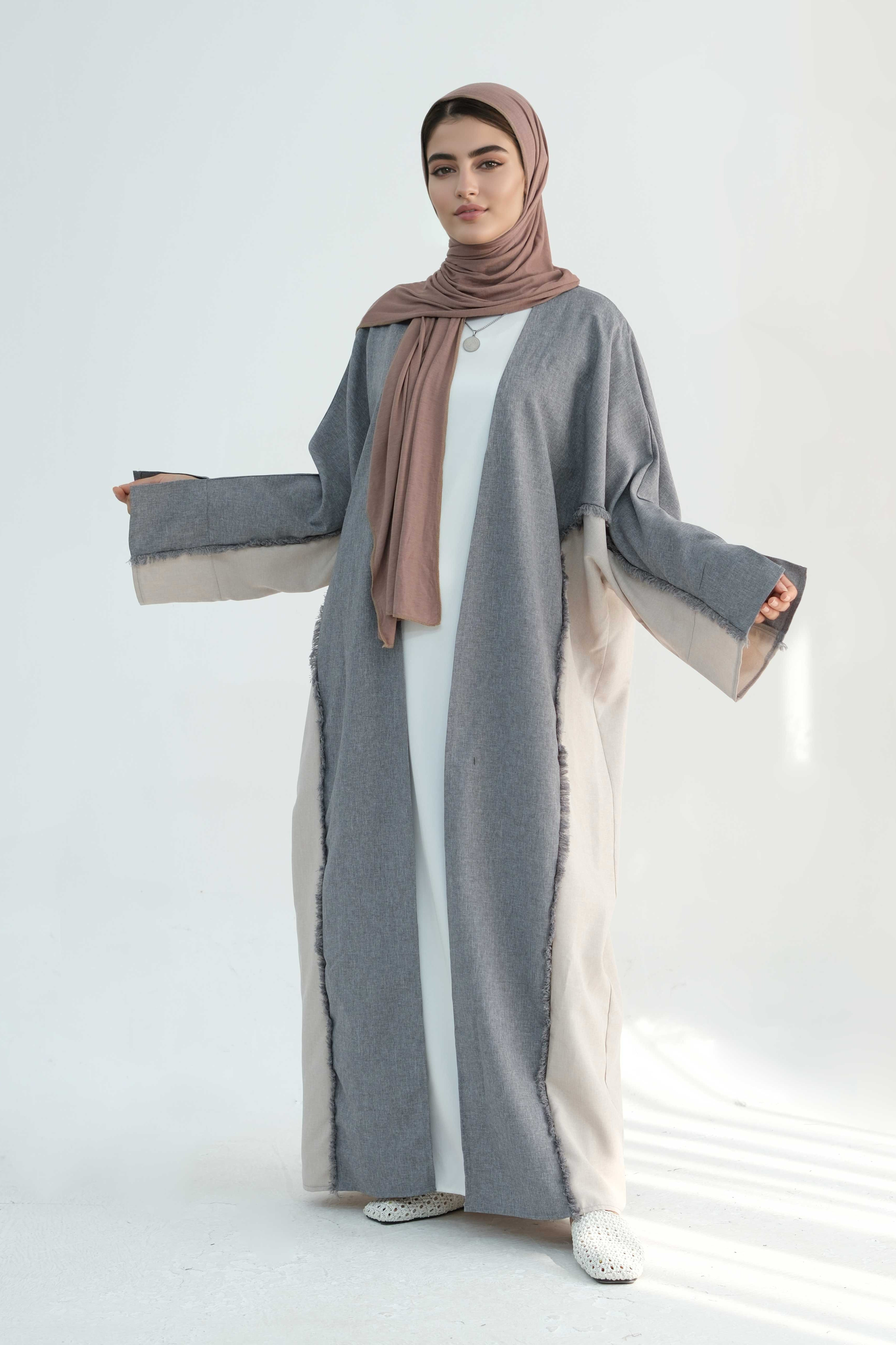 Dariya Two-Tone Fringe Trim Open Abaya 898-Grey