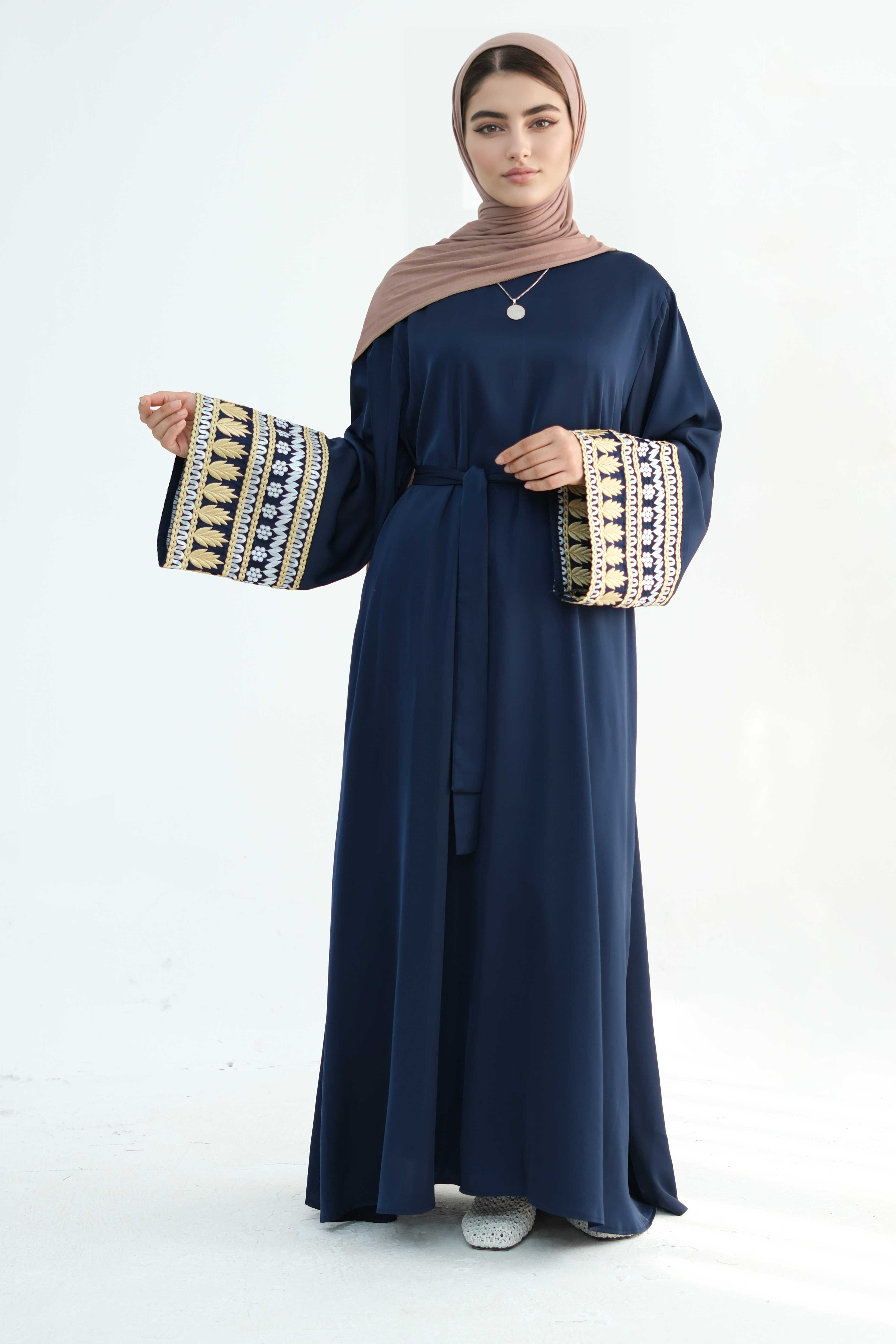 Sabreen Embroidered Maxi Dress Abaya with belt 880 - Dark Blue