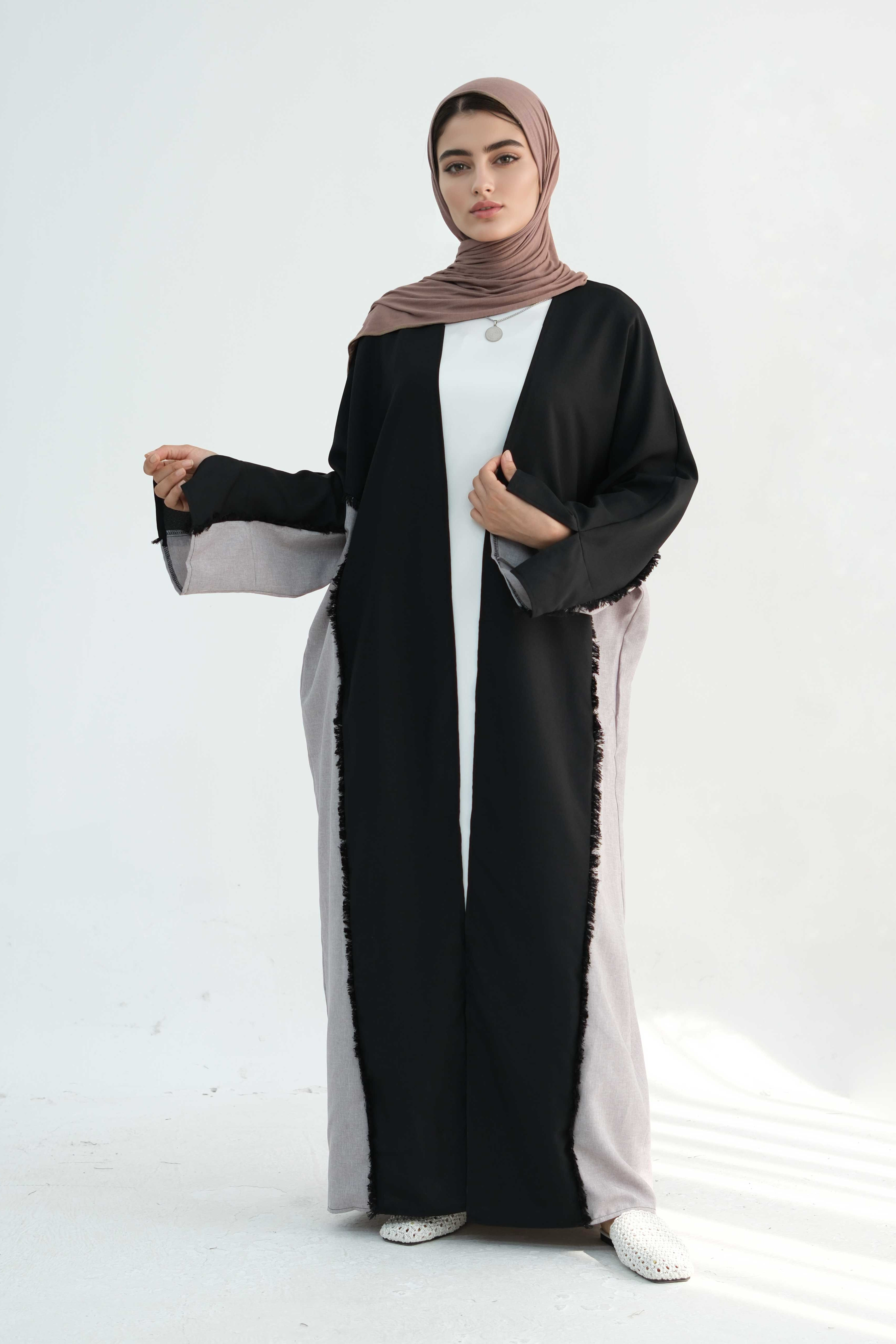 Dariya Two-Tone Fringe Trim Open Abaya 898-Black