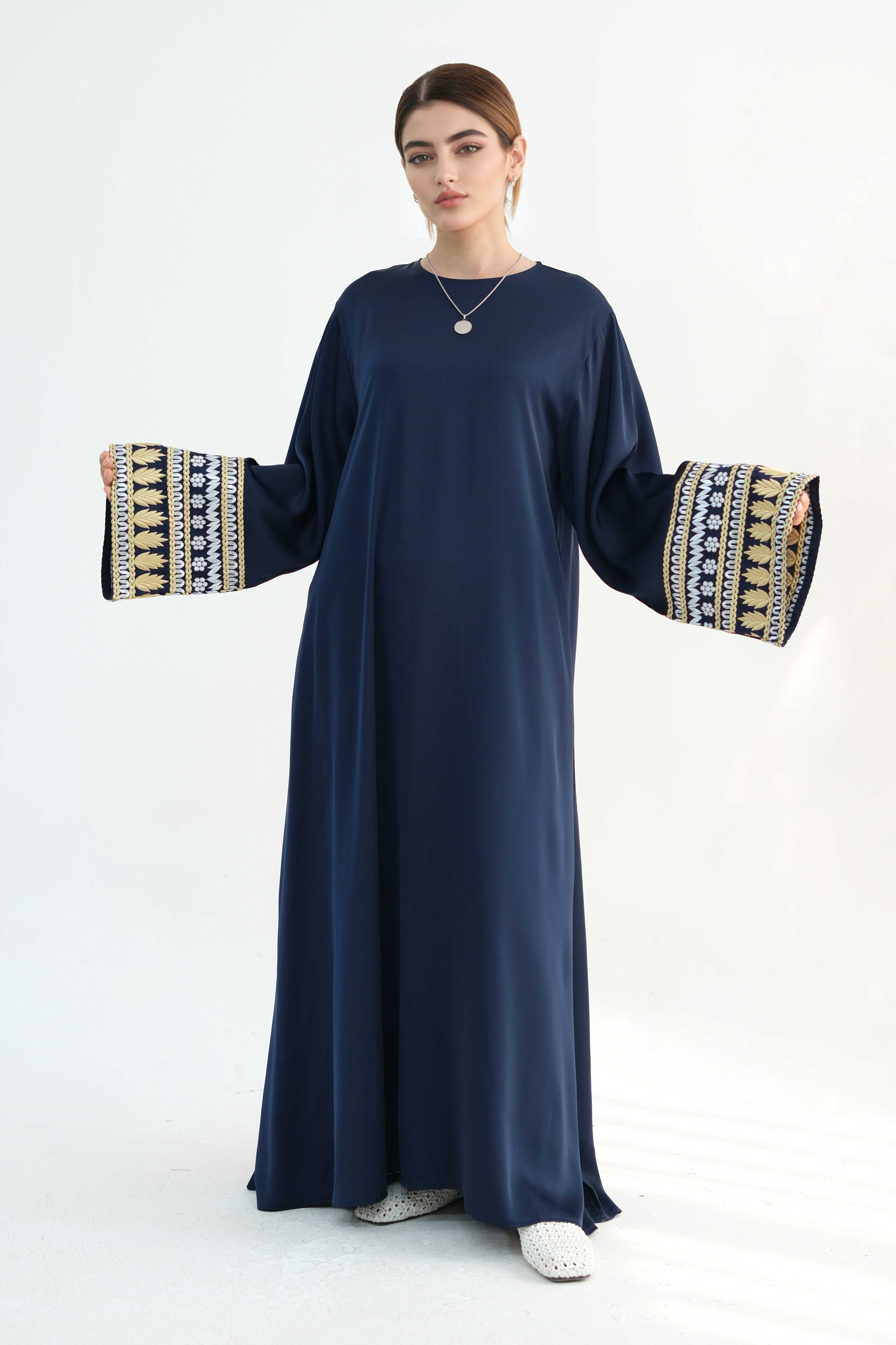 Sabreen Embroidered Maxi Dress Abaya with belt 880 - Dark Blue