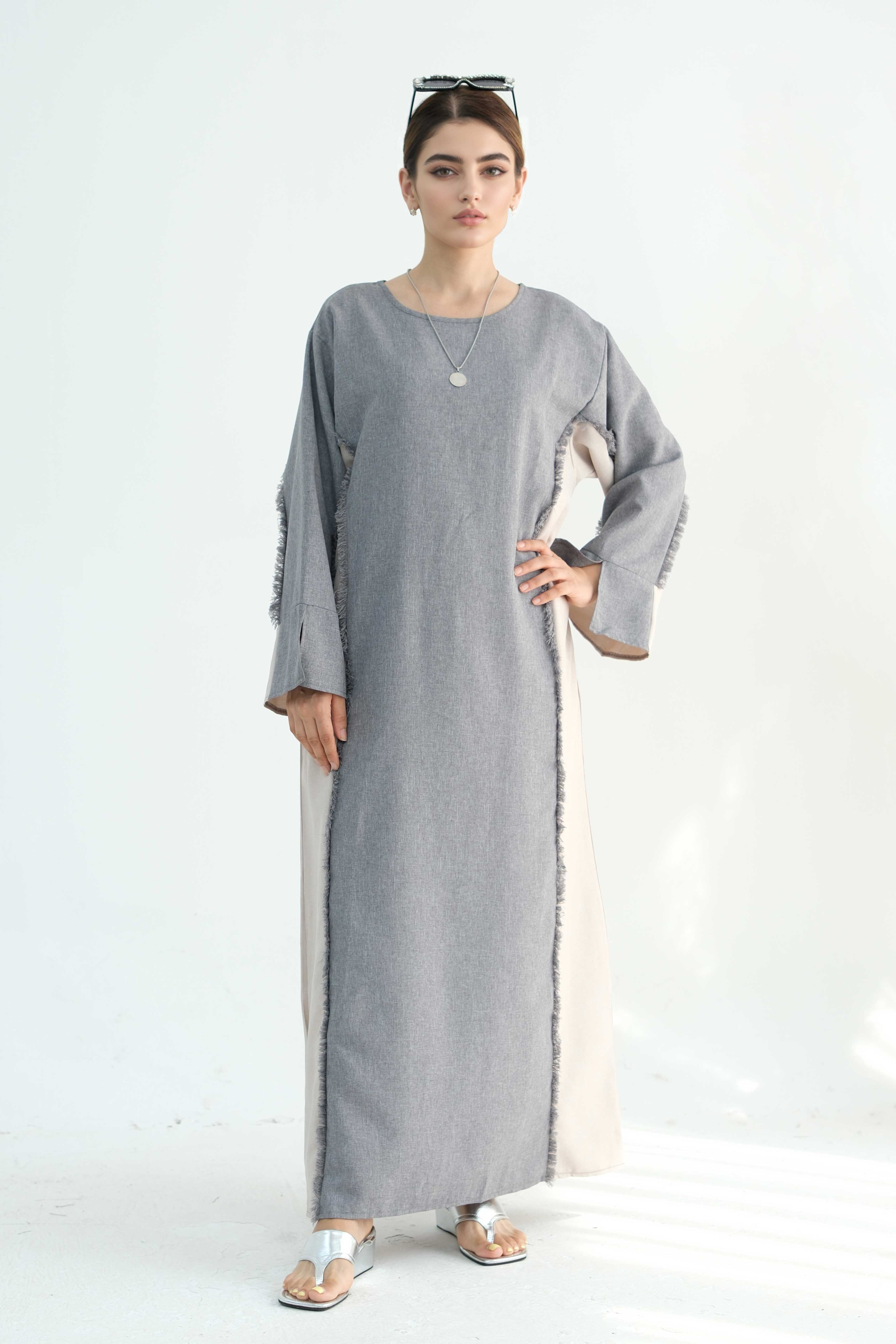 Yumna Two-Tone Fringe Trim Abaya 897-Grey