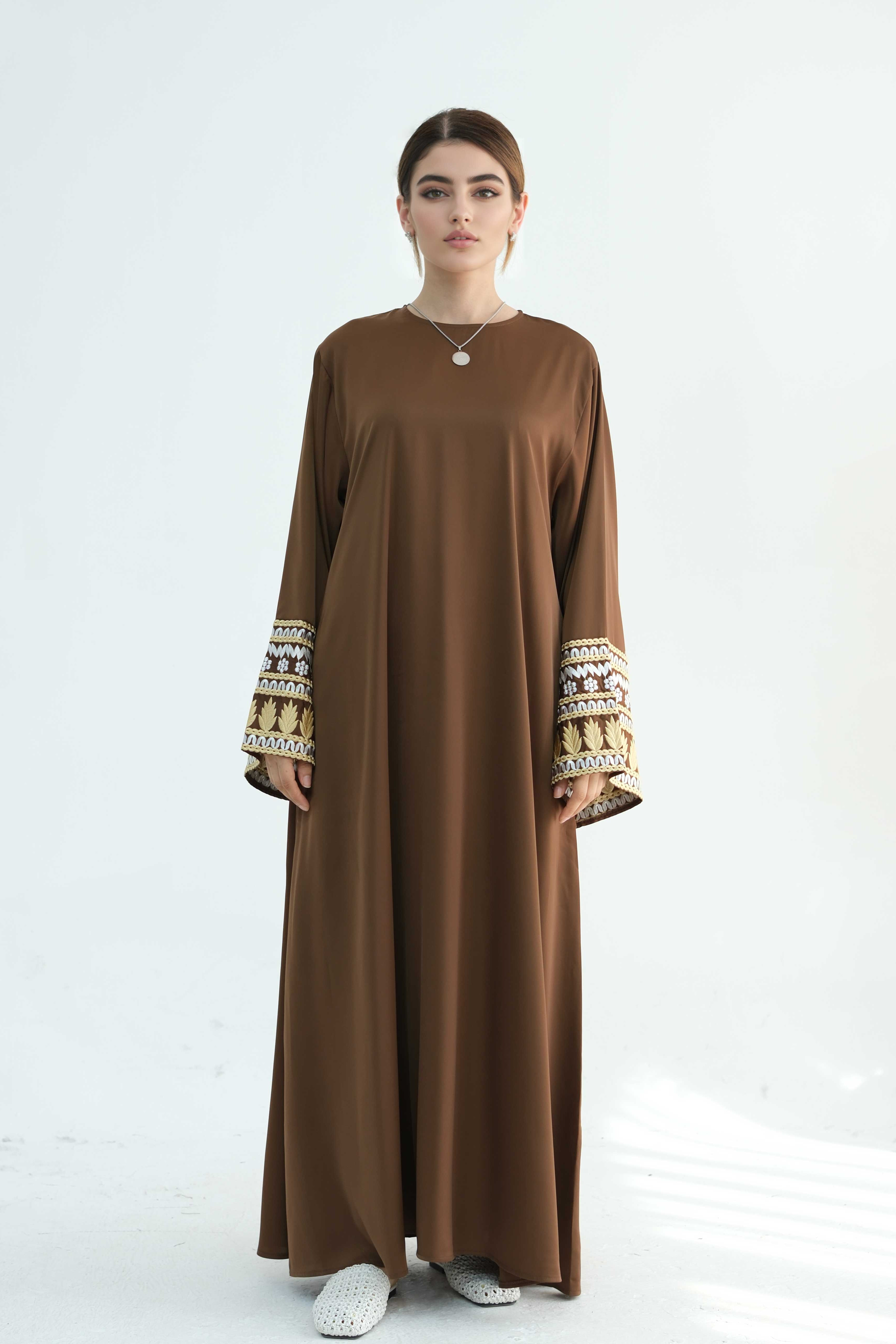 Sabreen Embroidered Maxi Dress Abaya with belt 880 - coffee