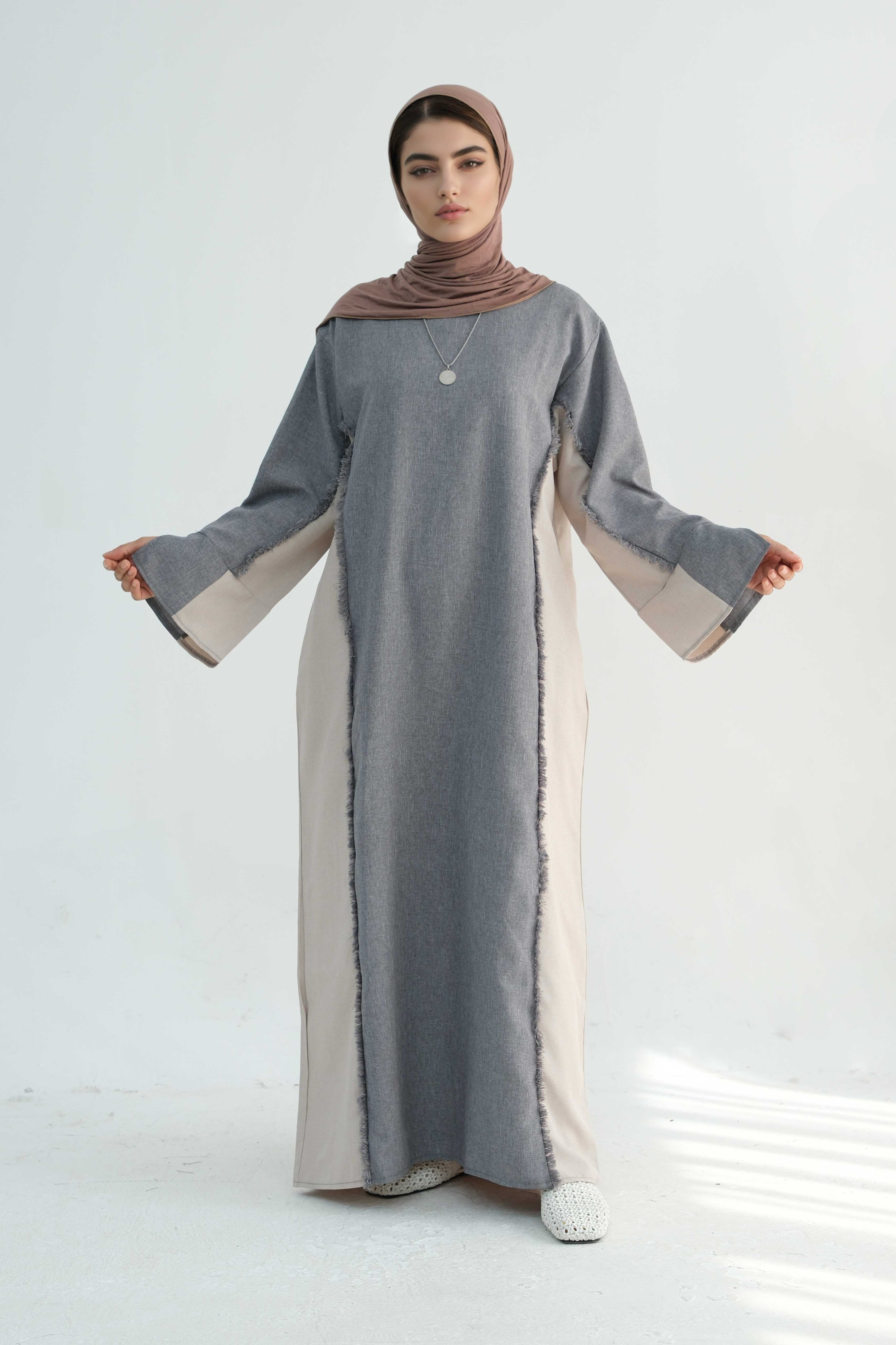 Yumna Two-Tone Fringe Trim Abaya 897-Grey