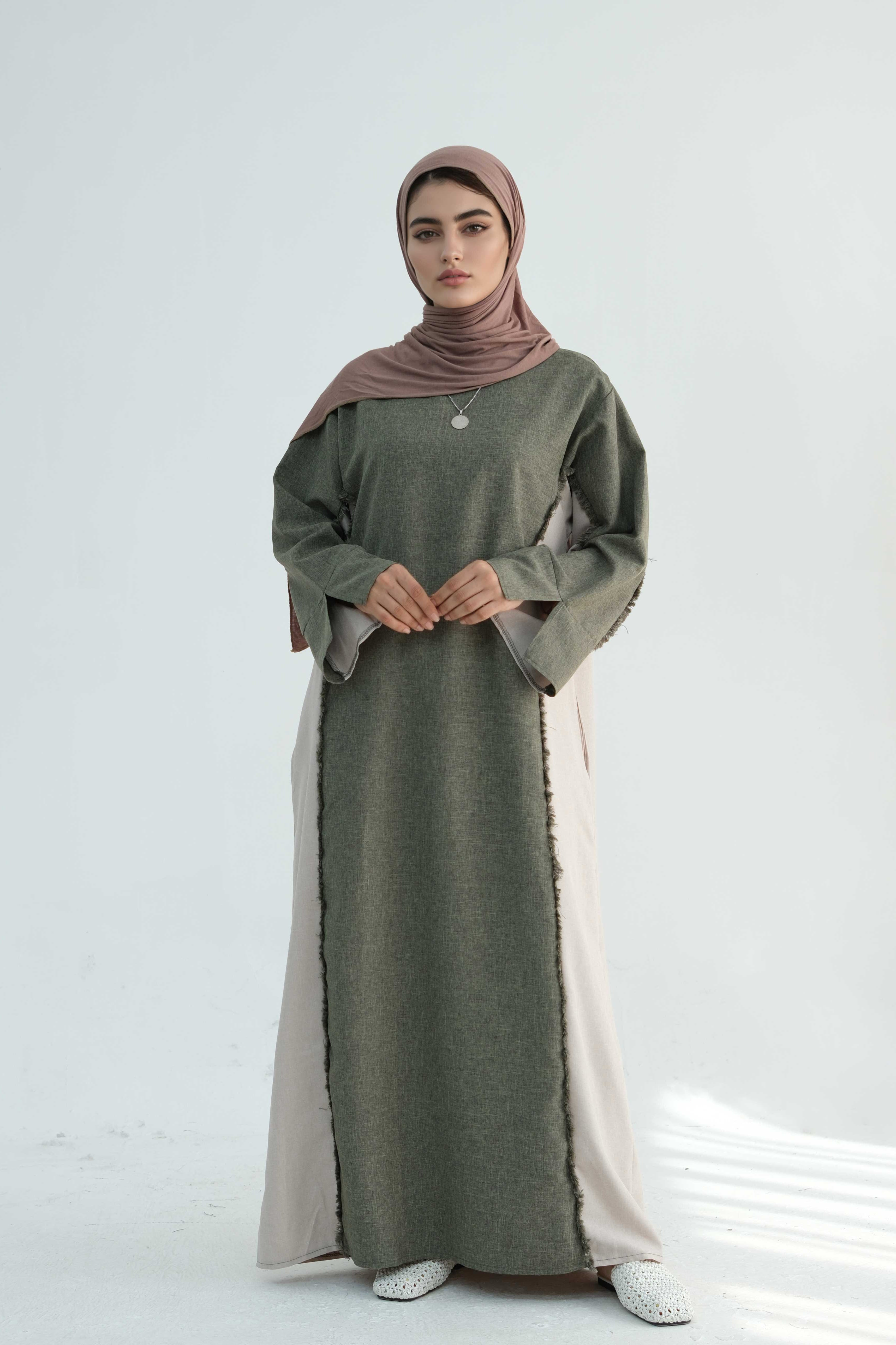 Yumna Two-Tone Fringe Trim Abaya 897-Army Green