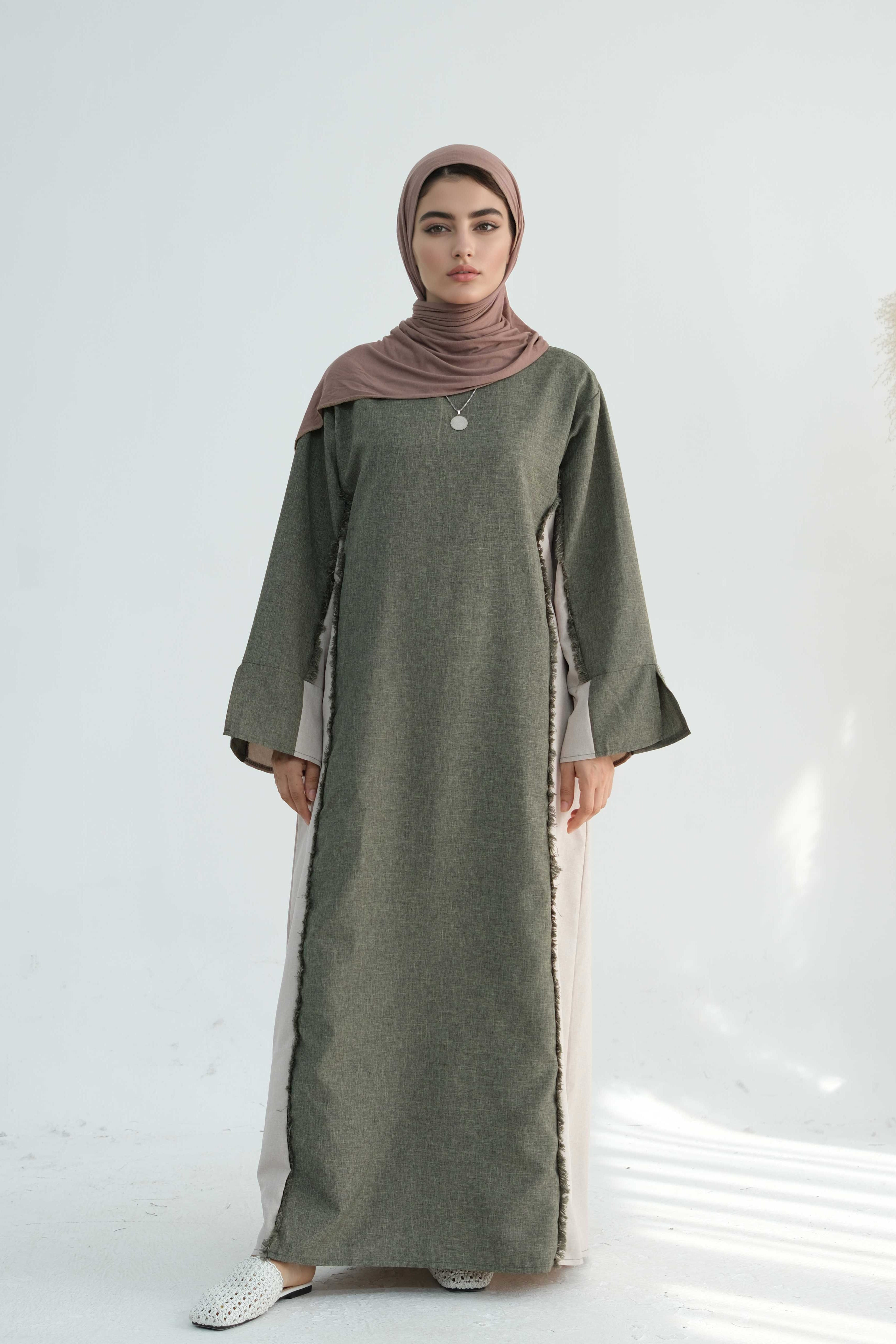 Yumna Two-Tone Fringe Trim Abaya 897-Army Green