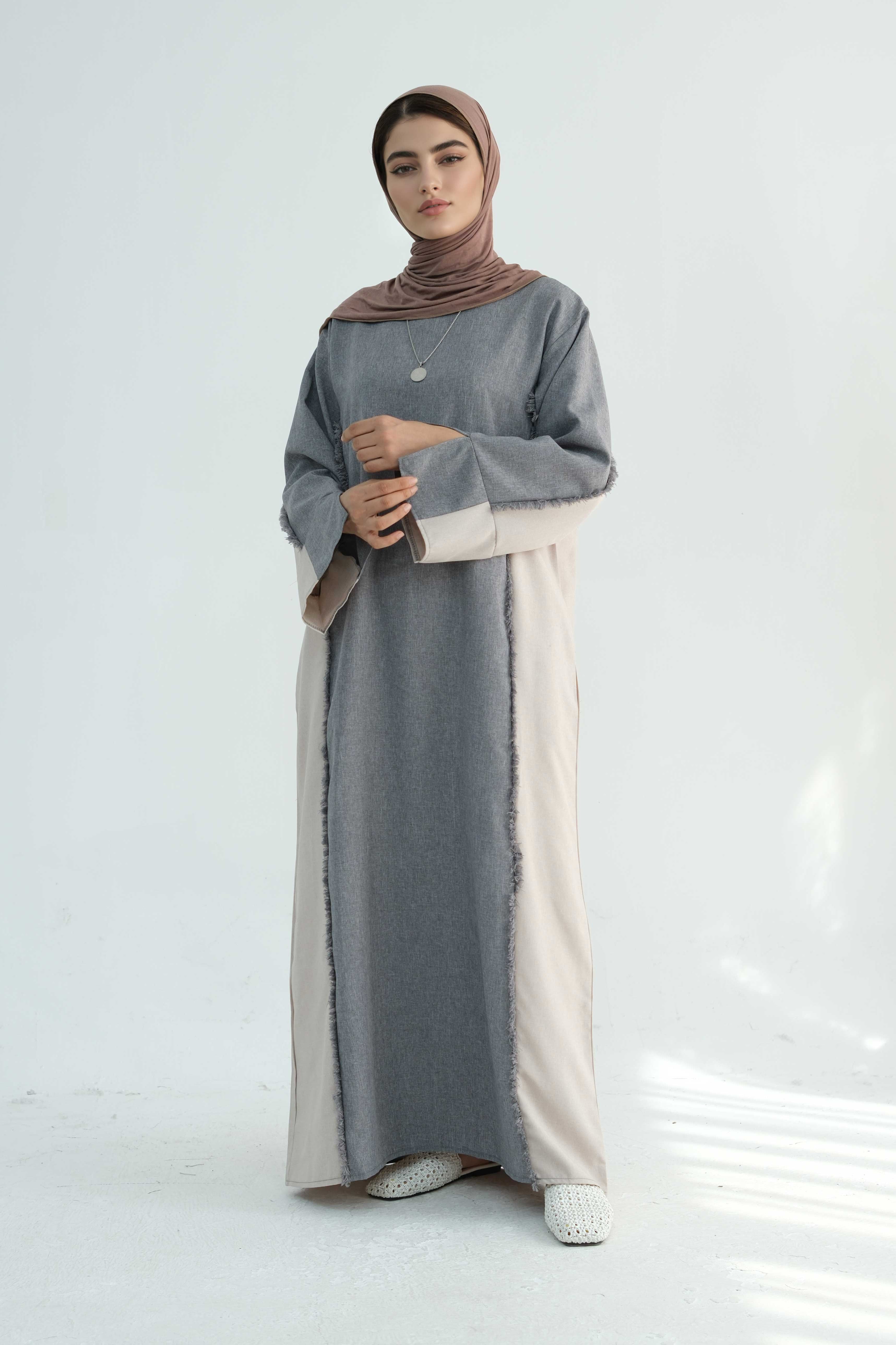 Yumna Two-Tone Fringe Trim Abaya 897-Grey