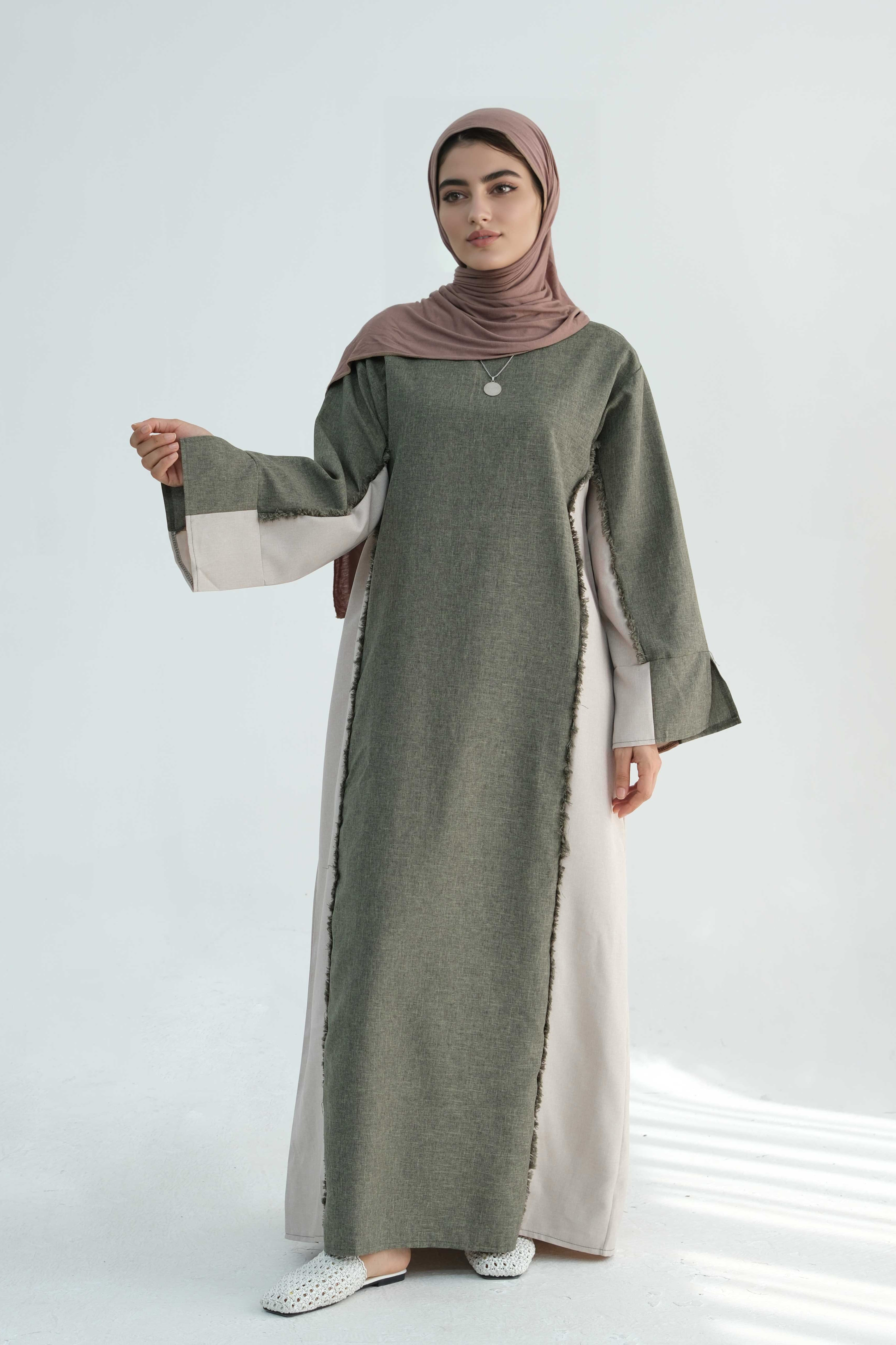 Yumna Two-Tone Fringe Trim Abaya 897-Army Green