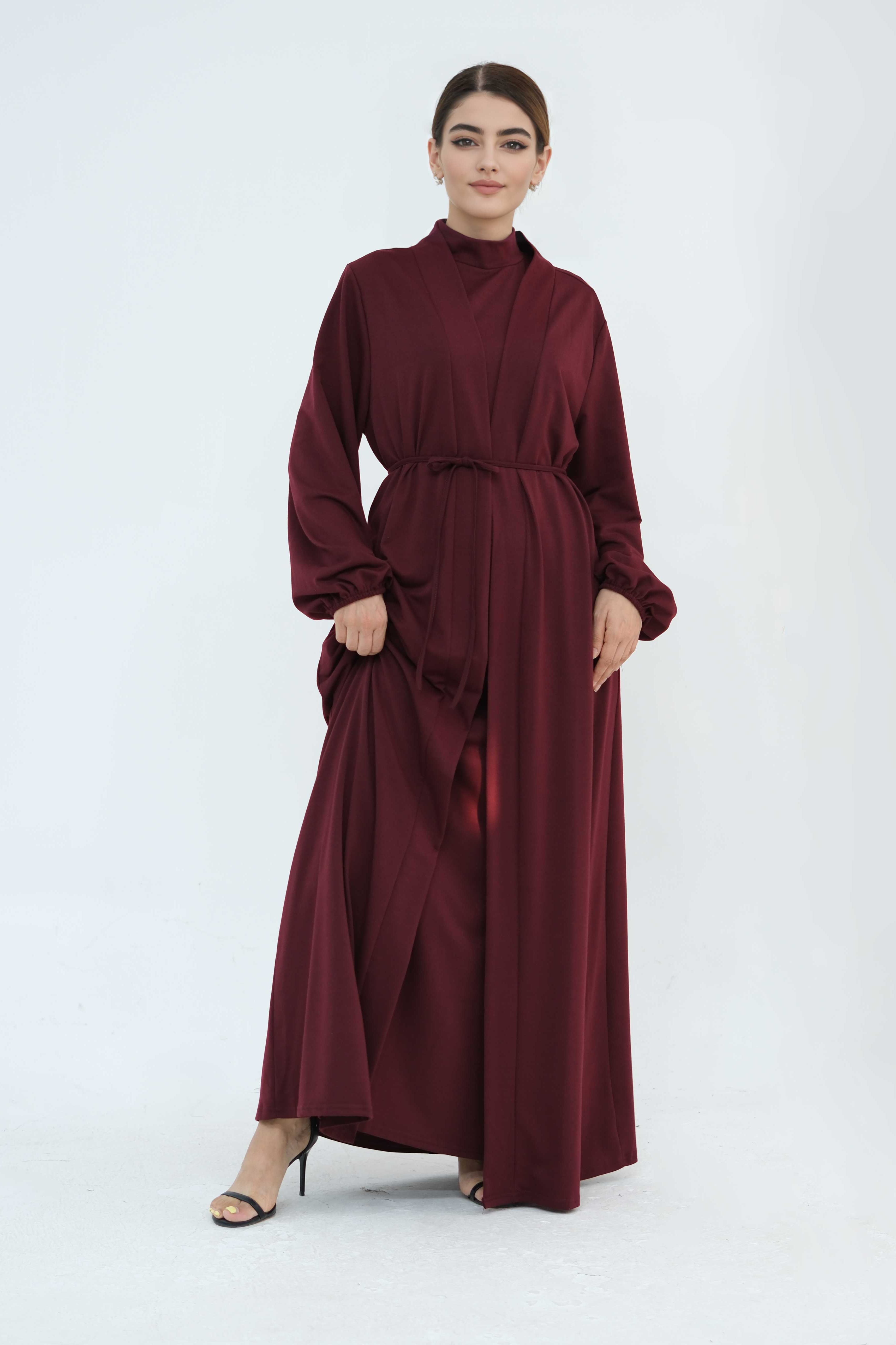 Yumna High Neck Two-Piece Abaya Set 886-Maroon