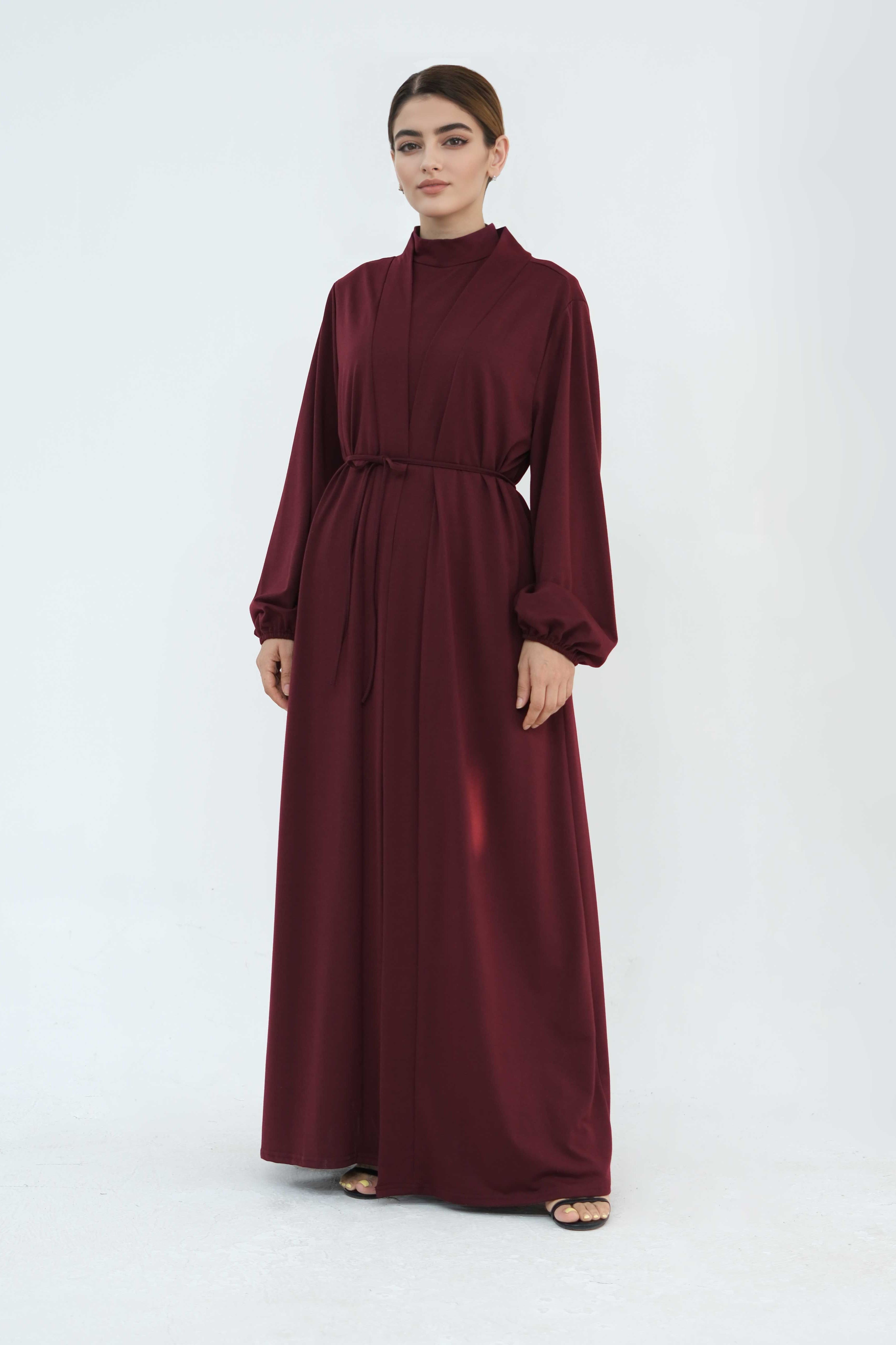 Yumna High Neck Two-Piece Abaya Set 886-Maroon