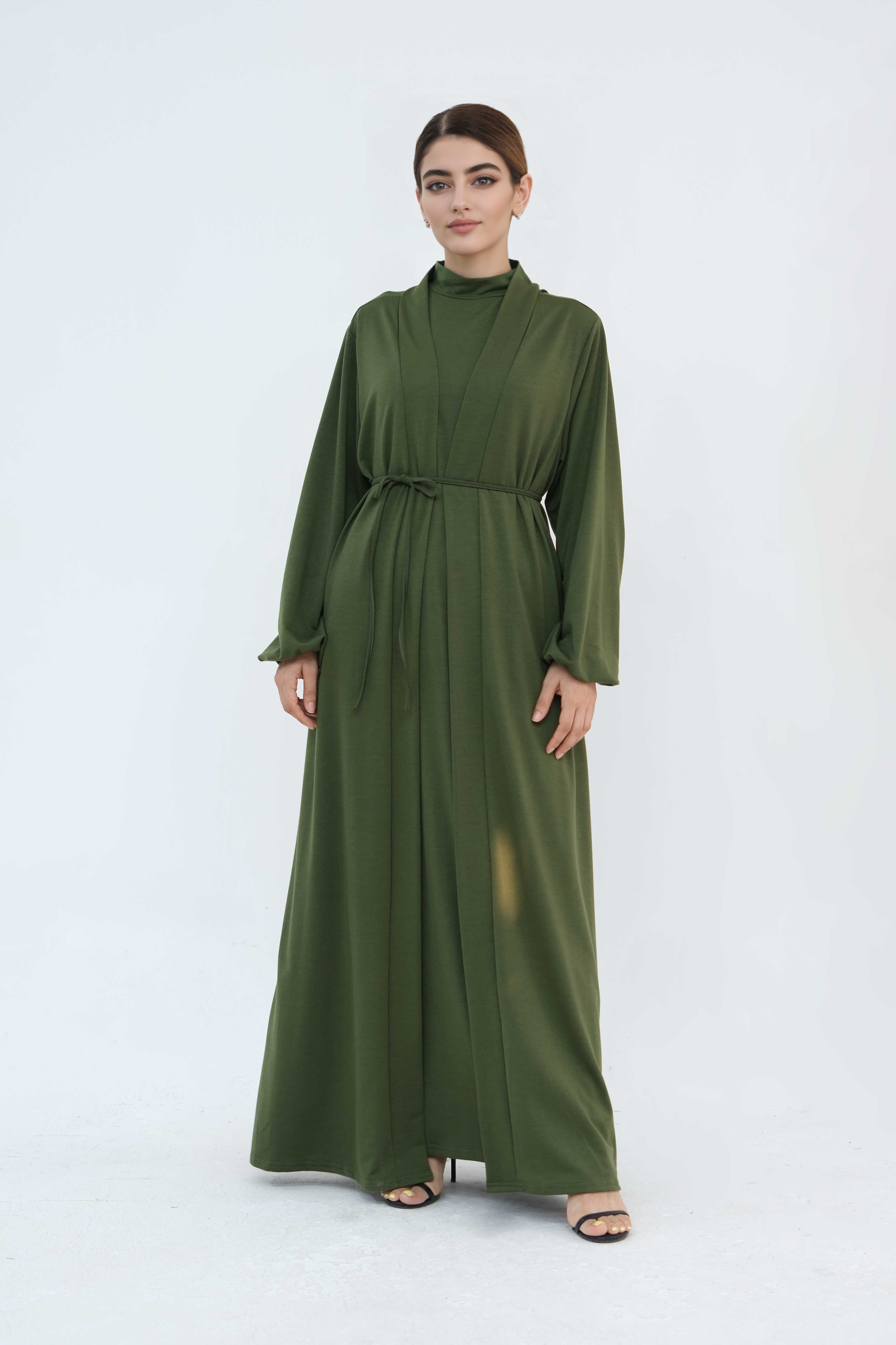 Yumna High Neck Two-Piece Abaya Set 886-Army Green