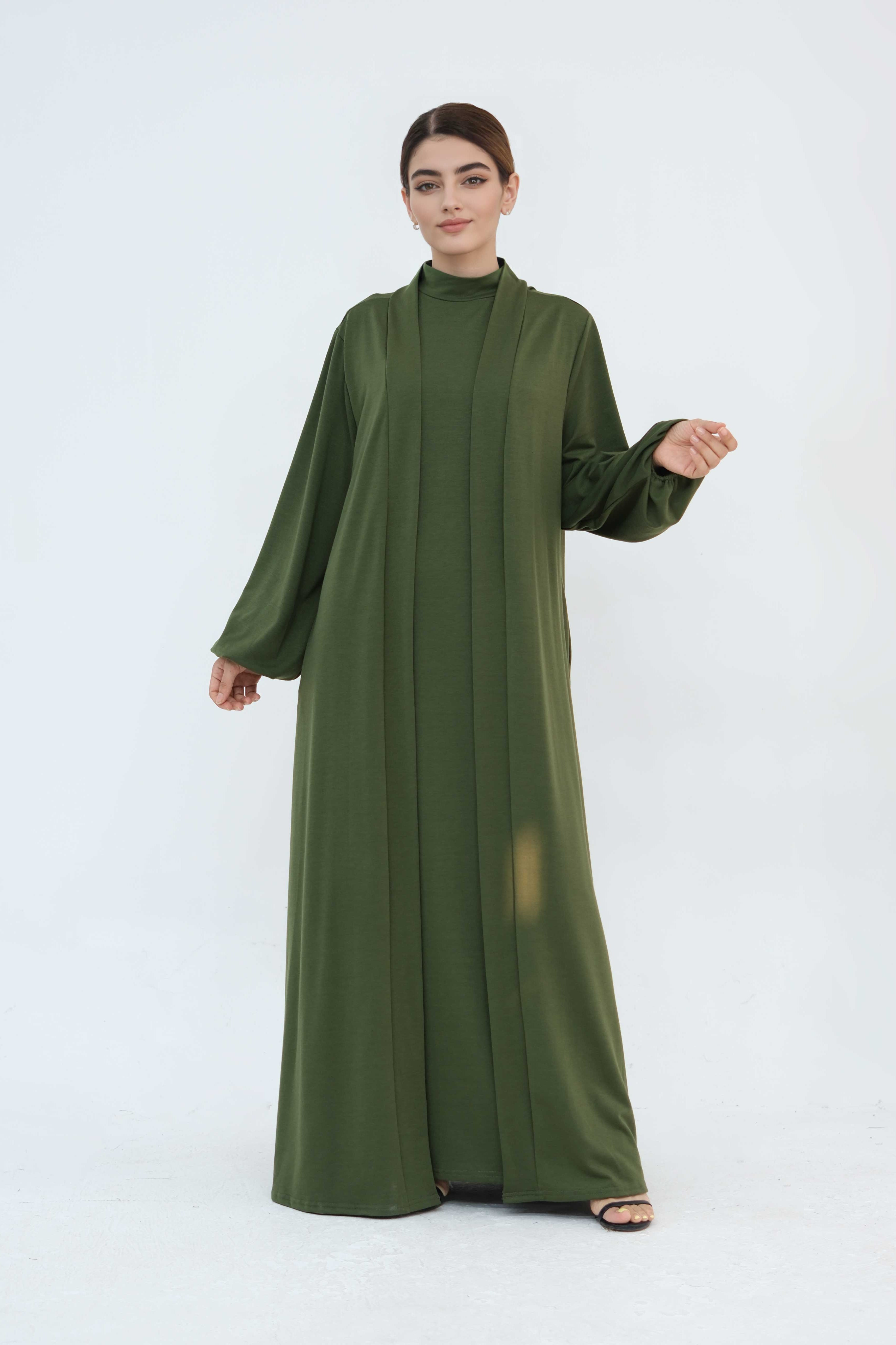 Yumna High Neck Two-Piece Abaya Set 886-Army Green