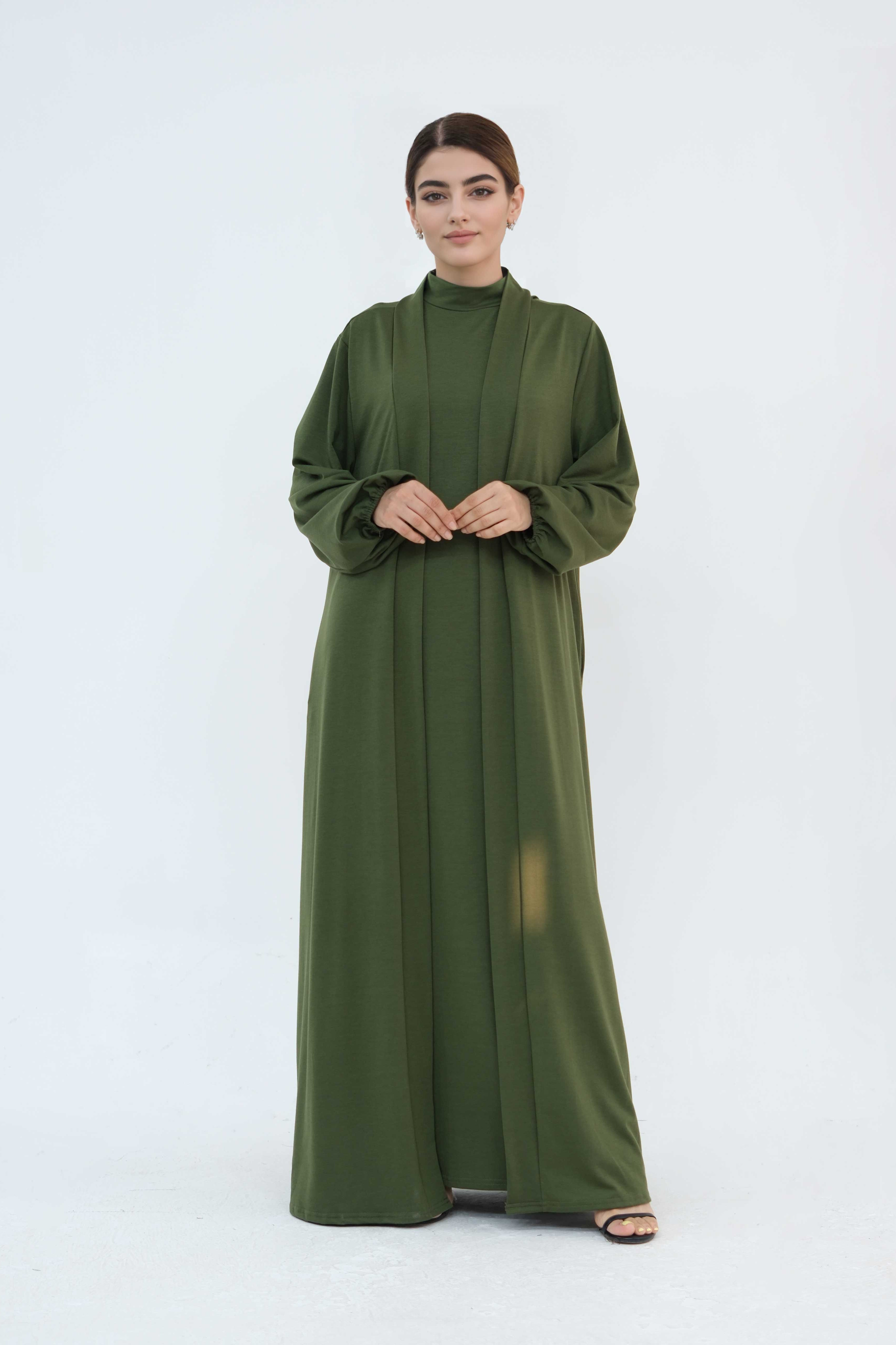 Yumna High Neck Two-Piece Abaya Set 886-Army Green