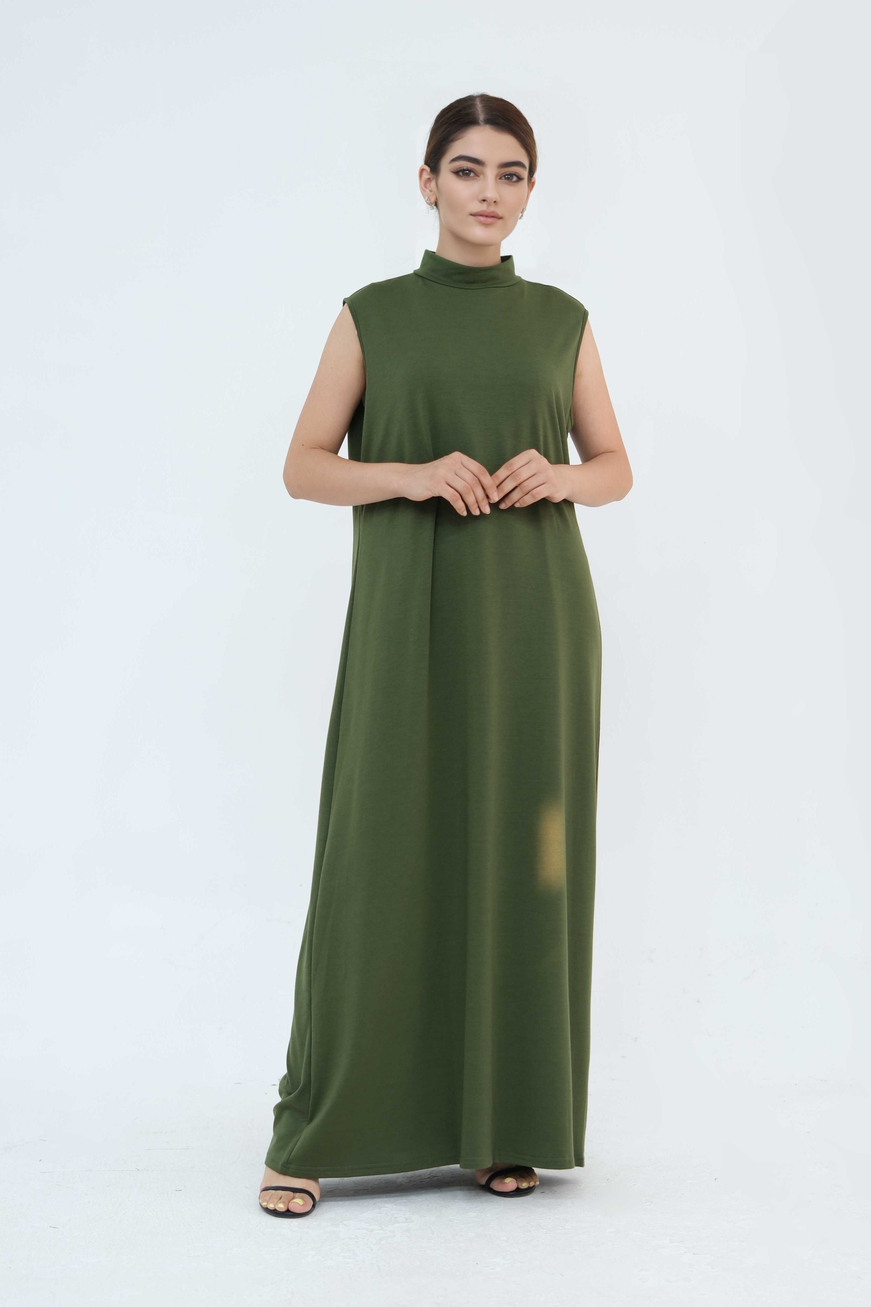 Yumna High Neck Two-Piece Abaya Set 886-Army Green