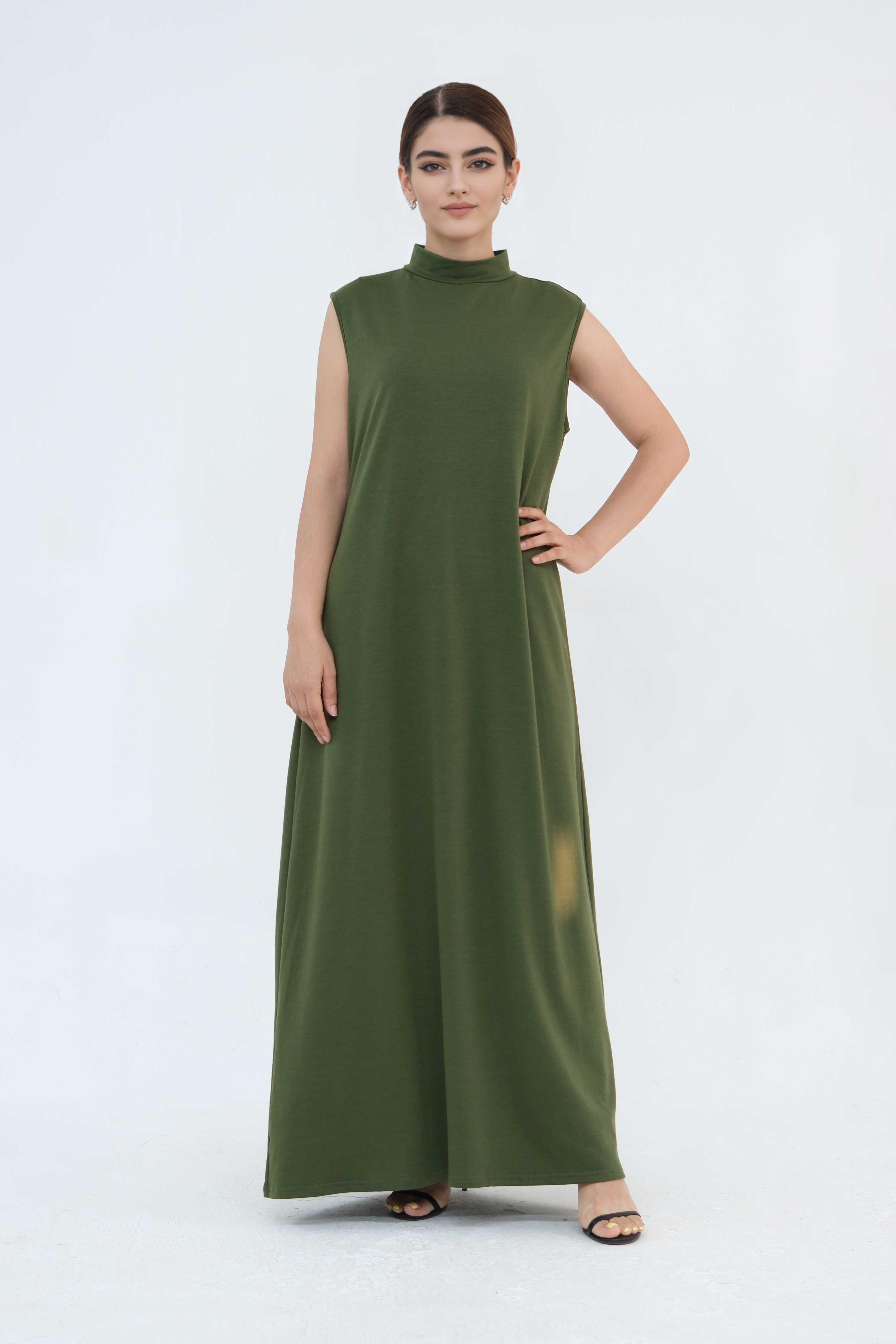 Yumna High Neck Two-Piece Abaya Set 886-Army Green