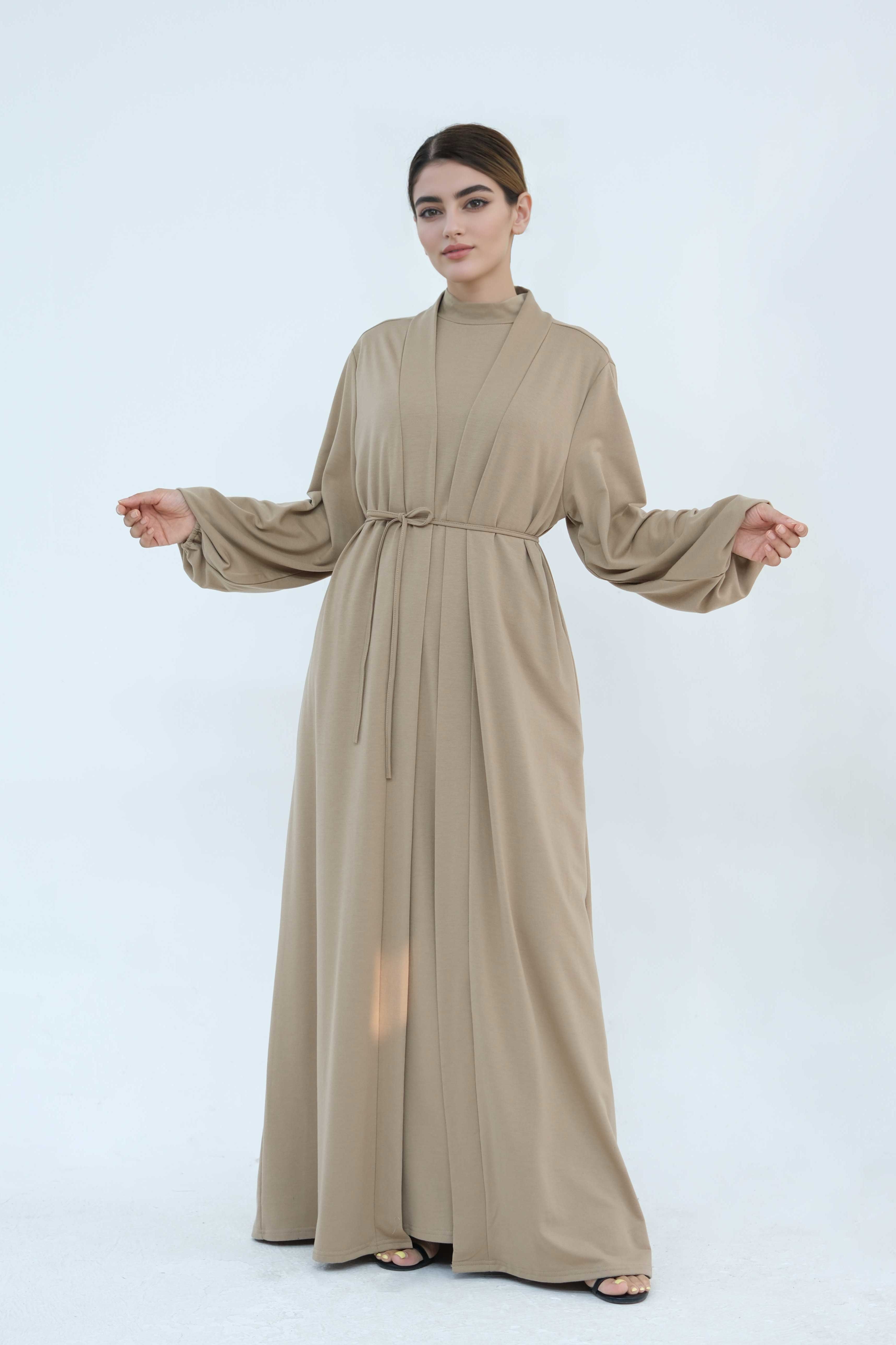 Yumna High Neck Two-Piece Abaya Set 886 - Khaki