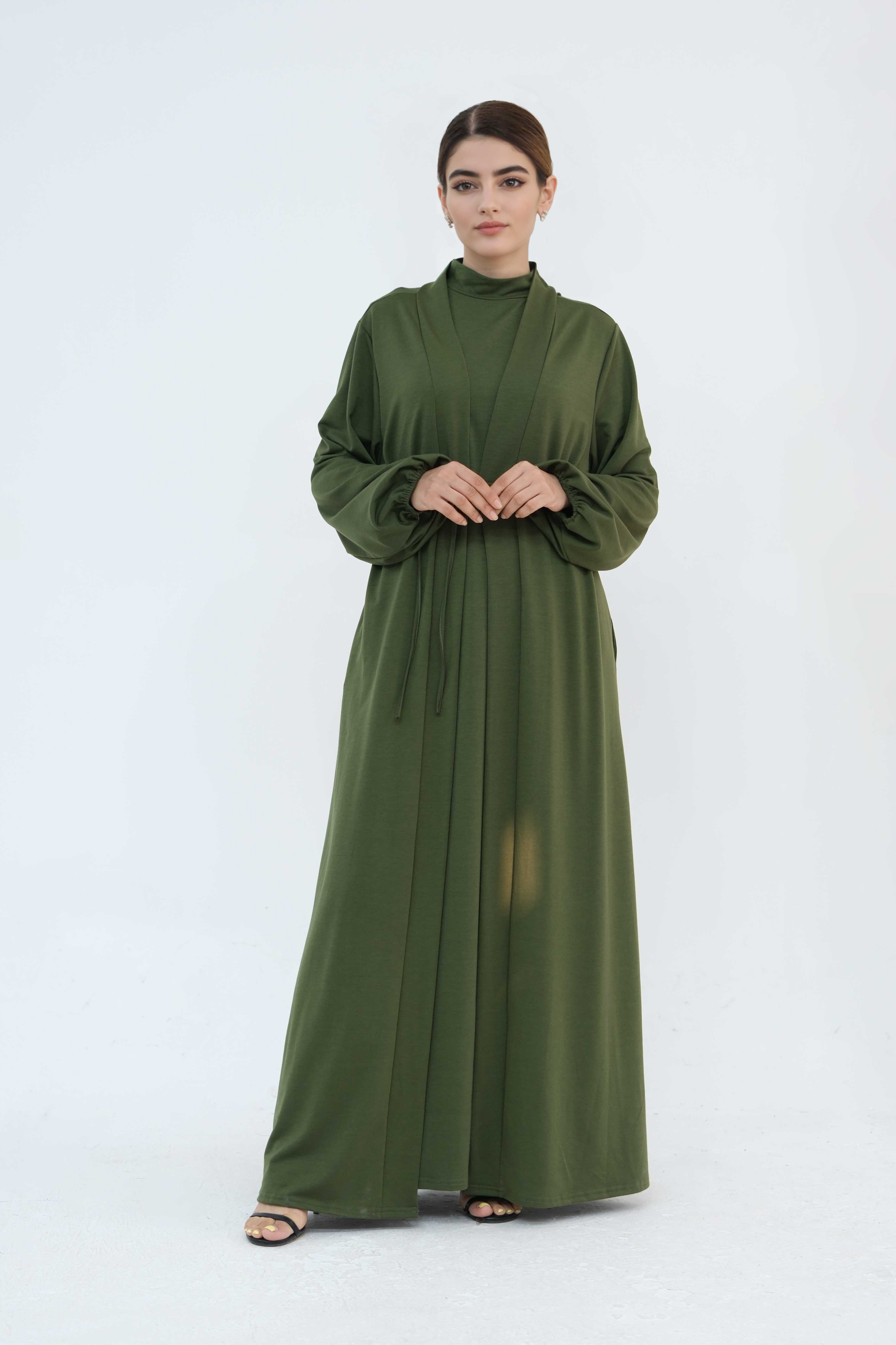 Yumna High Neck Two-Piece Abaya Set 886-Army Green