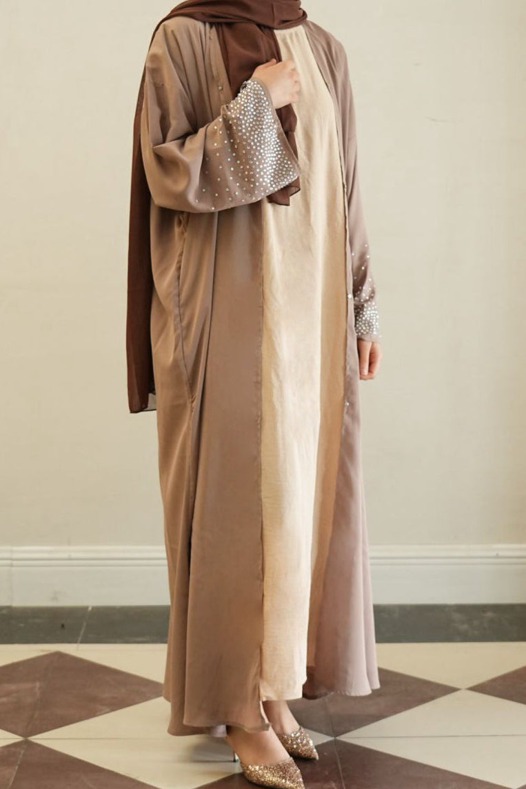 Jannat Rhinestone Open Abaya 851 - Coffee