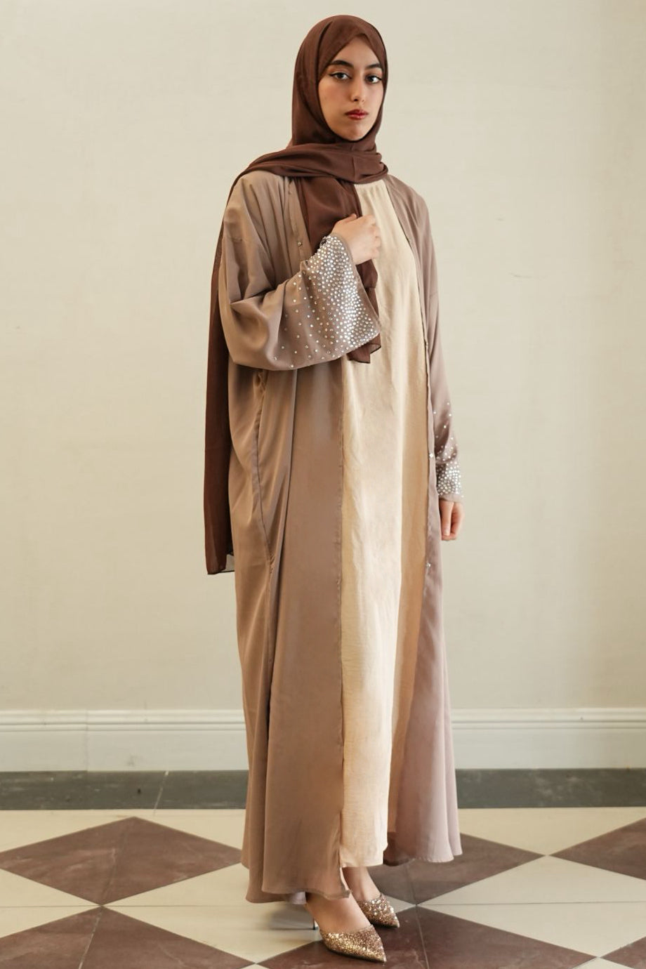 Jannat Rhinestone Open Abaya 851 - Coffee