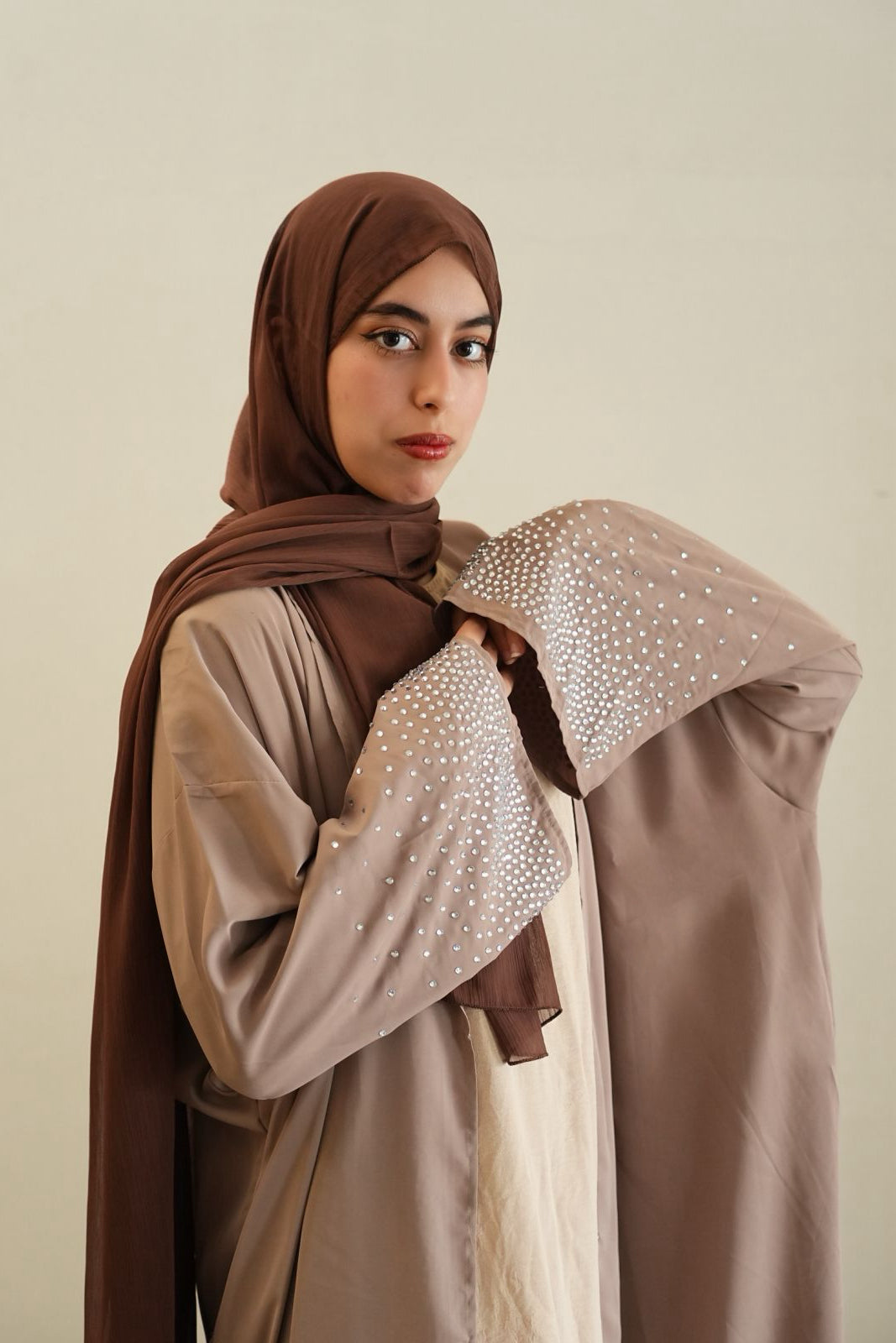 Jannat Rhinestone Open Abaya 851 - Coffee