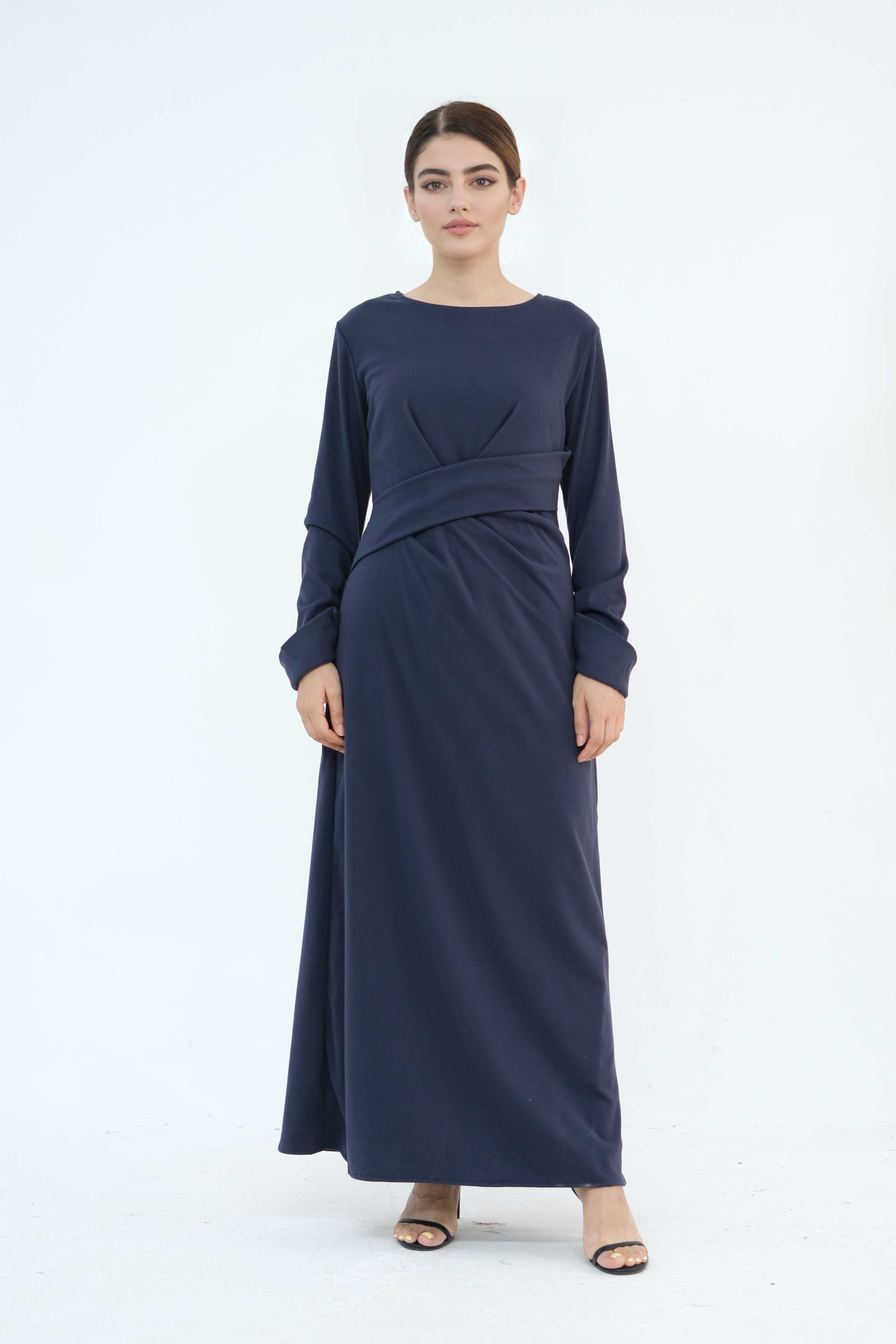 Hafsa Elegant Waist-Cinched Maxi Dress Abaya  889-Dark Blue