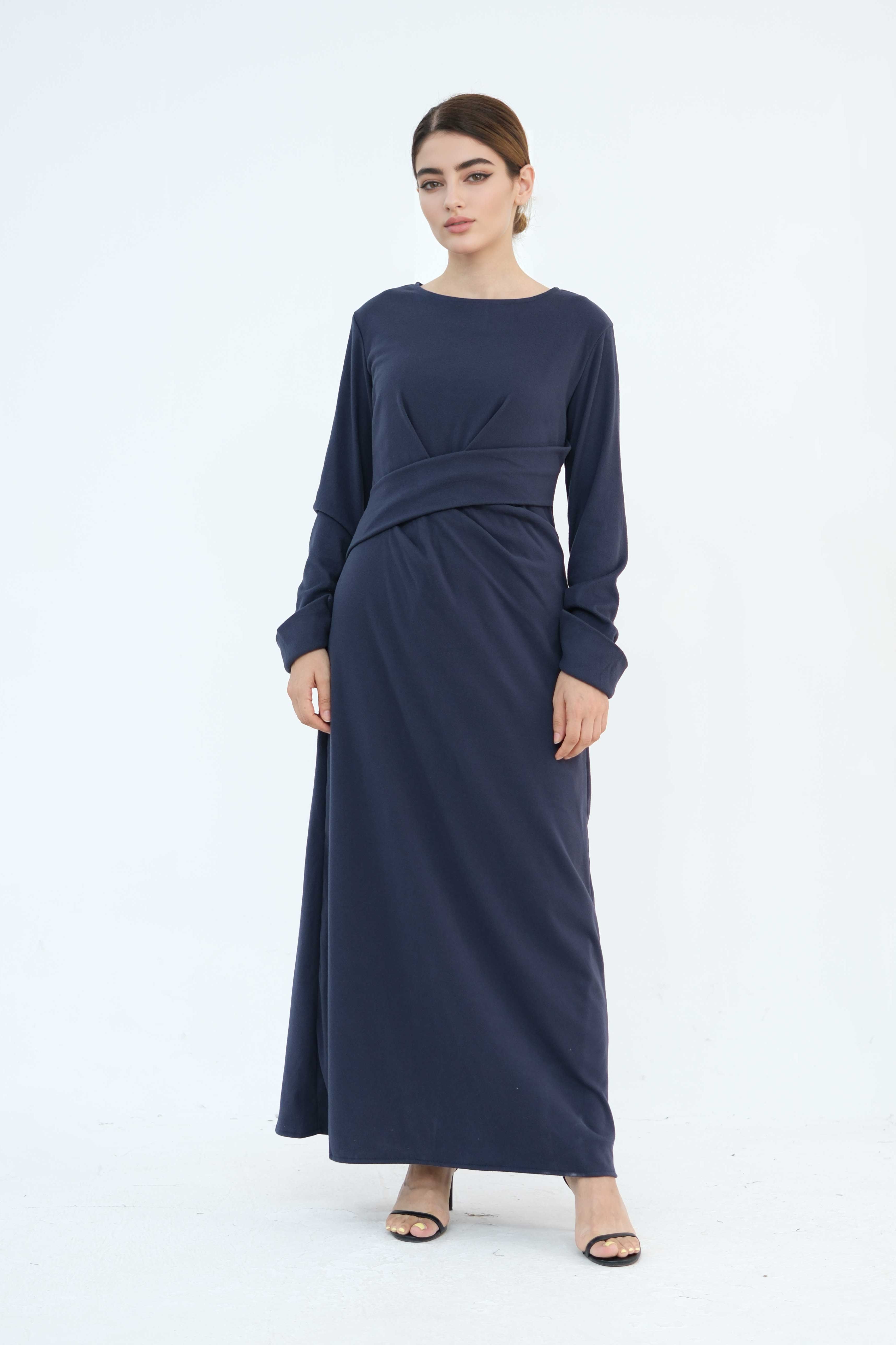 Hafsa Elegant Waist-Cinched Maxi Dress Abaya  889-Dark Blue