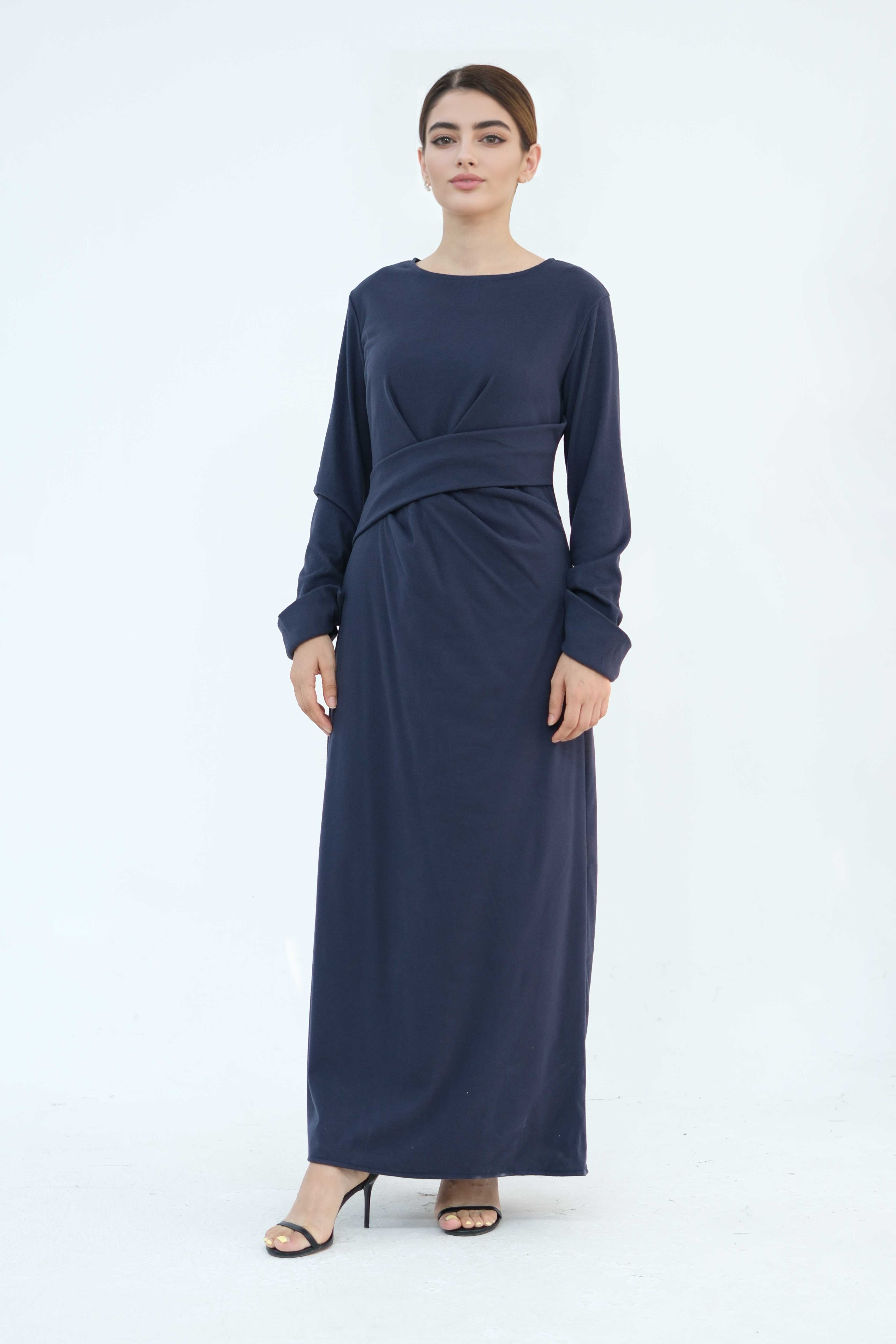 Hafsa Elegant Waist-Cinched Maxi Dress Abaya  889-Dark Blue