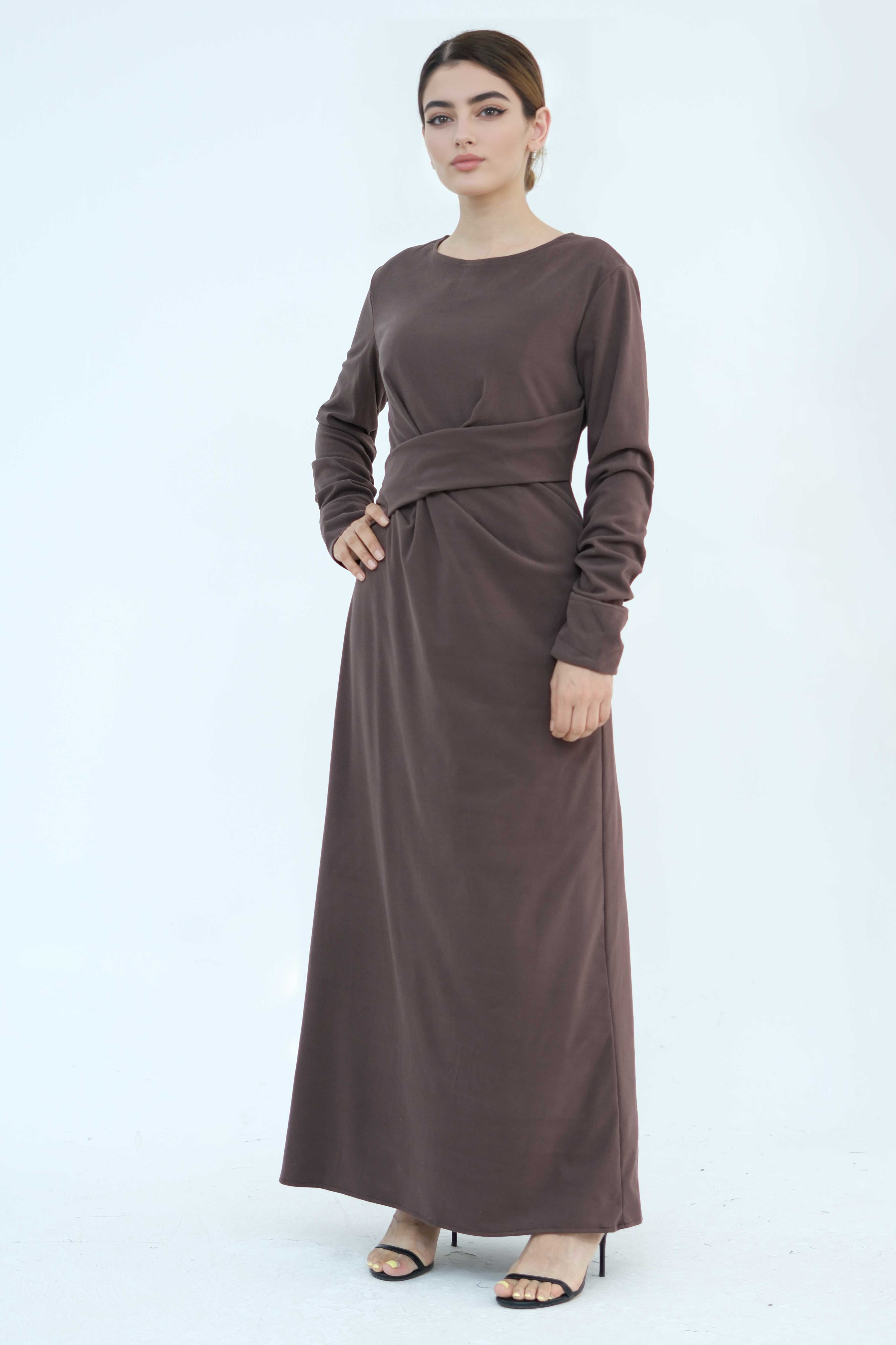 Hafsa Elegant Waist-Cinched Maxi Dress Abaya 889-Coffee