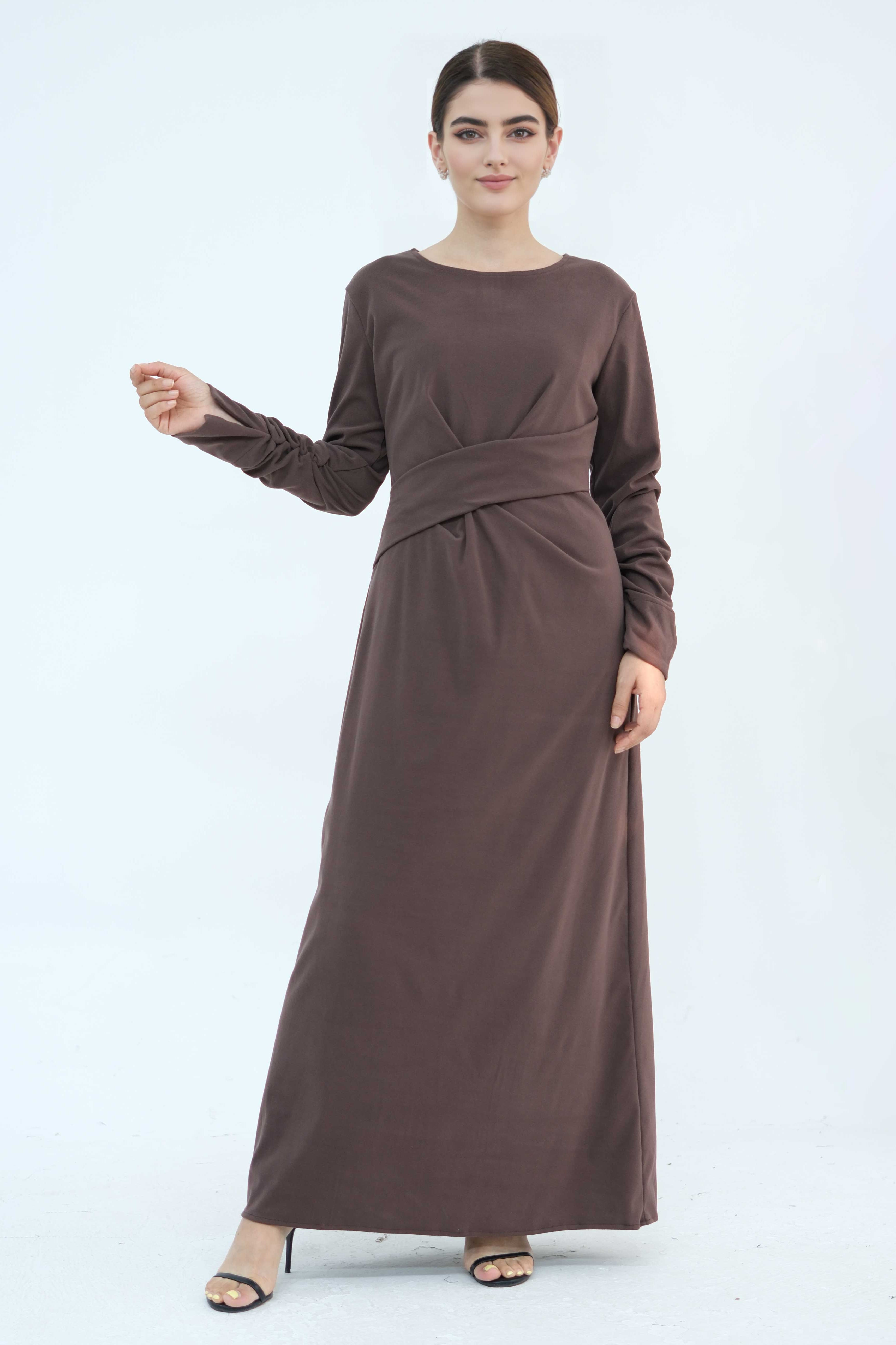 Hafsa Elegant Waist-Cinched Maxi Dress Abaya 889-Coffee