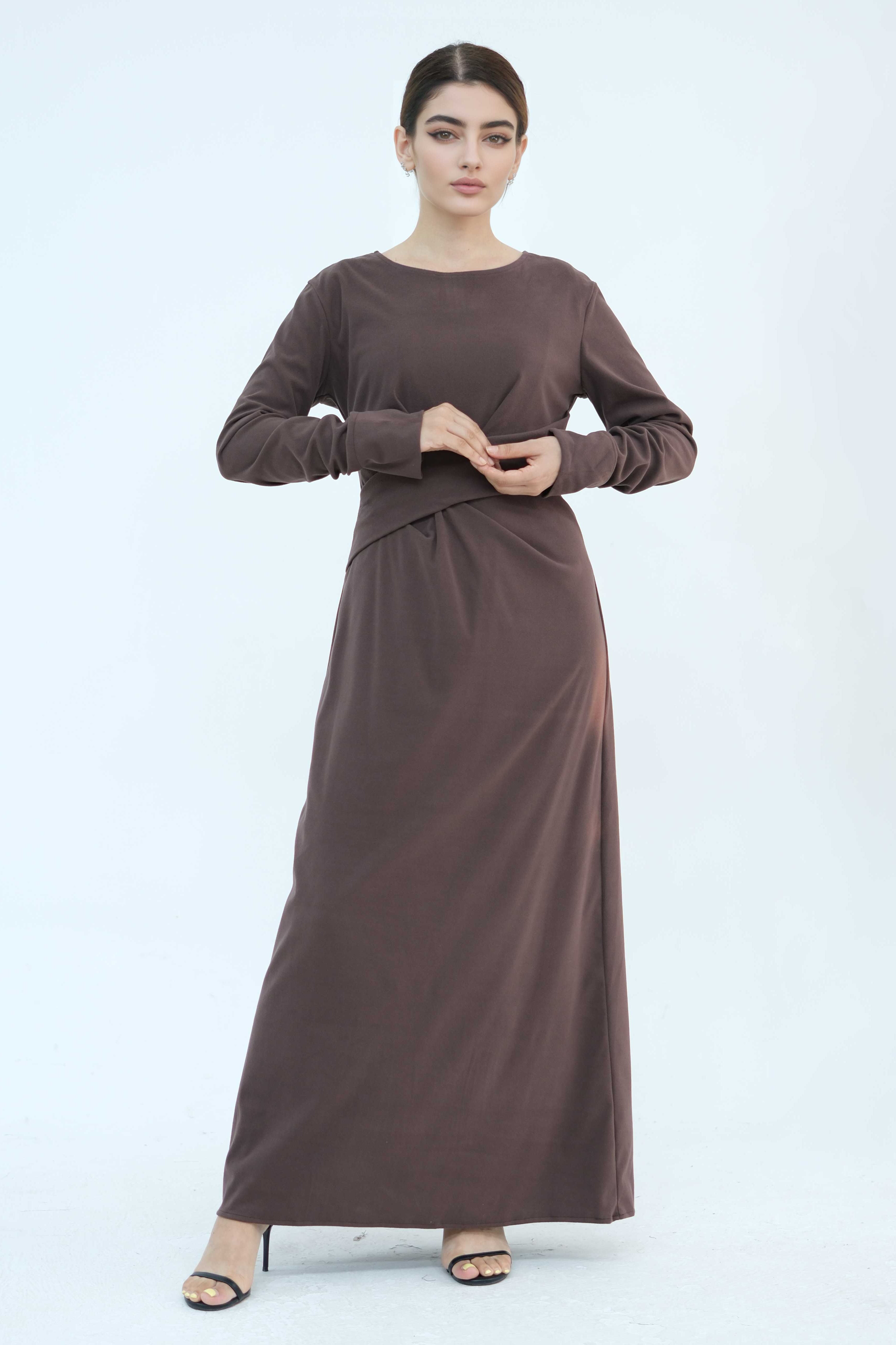 Hafsa Elegant Waist-Cinched Maxi Dress Abaya 889-Coffee