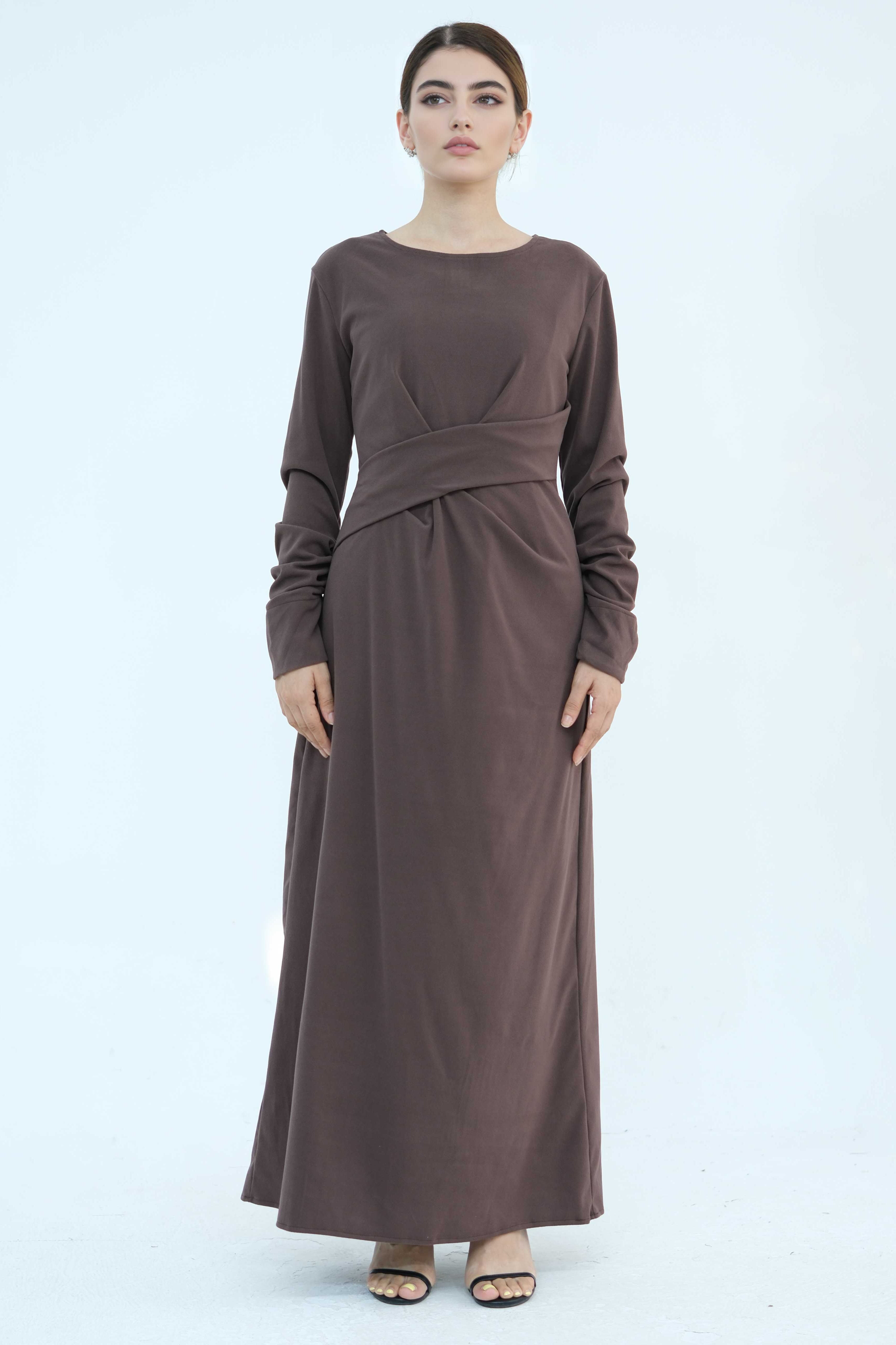 Hafsa Elegant Waist-Cinched Maxi Dress Abaya 889-Coffee