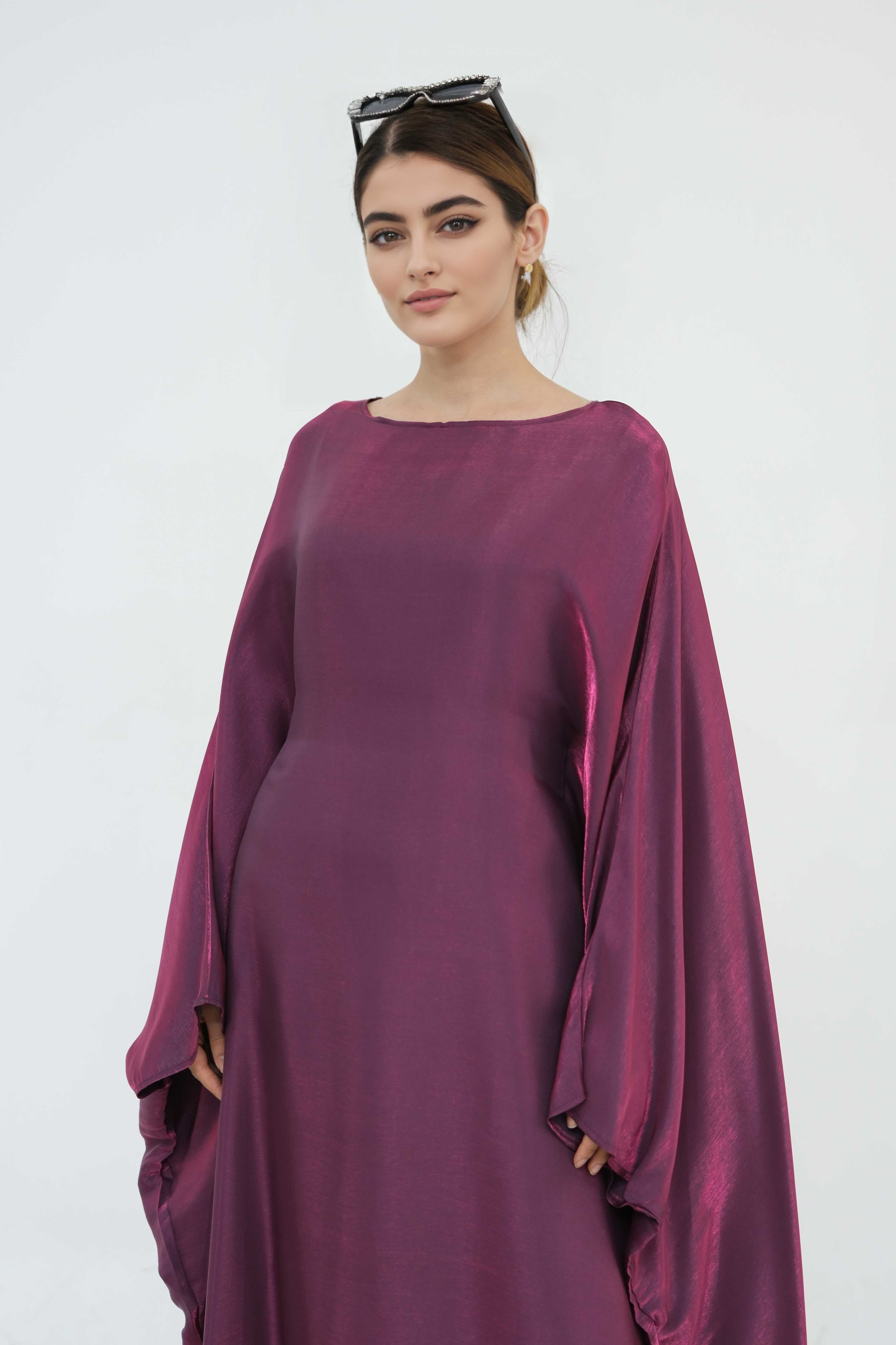 Anita Shiny Batwing Butterfly Sleeve Maxi Dress  Kaftan Abaya 770 - Wine Red