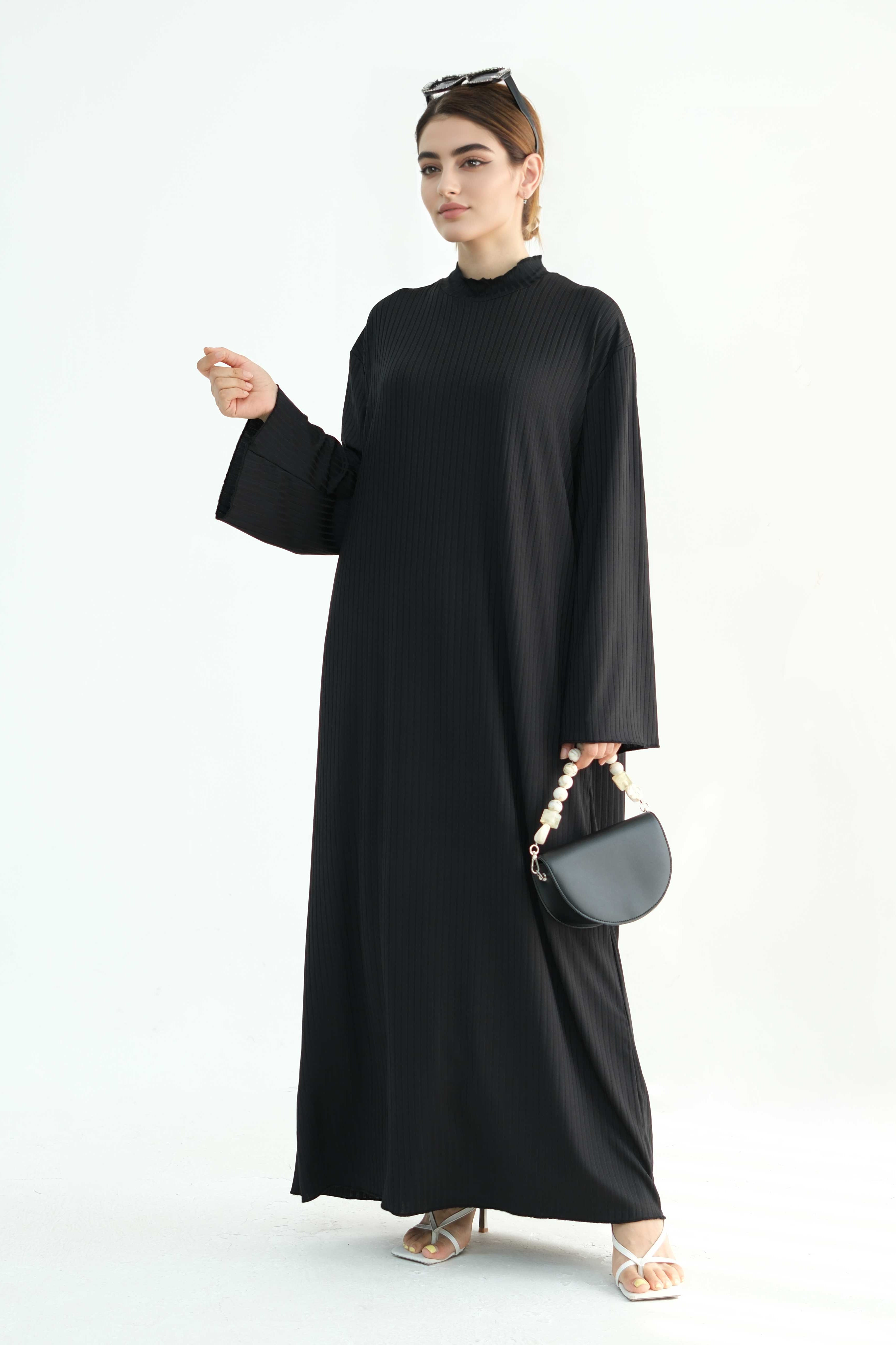 ZAINAB Knit Ribbed Maxi Dress Abaya  905-Black