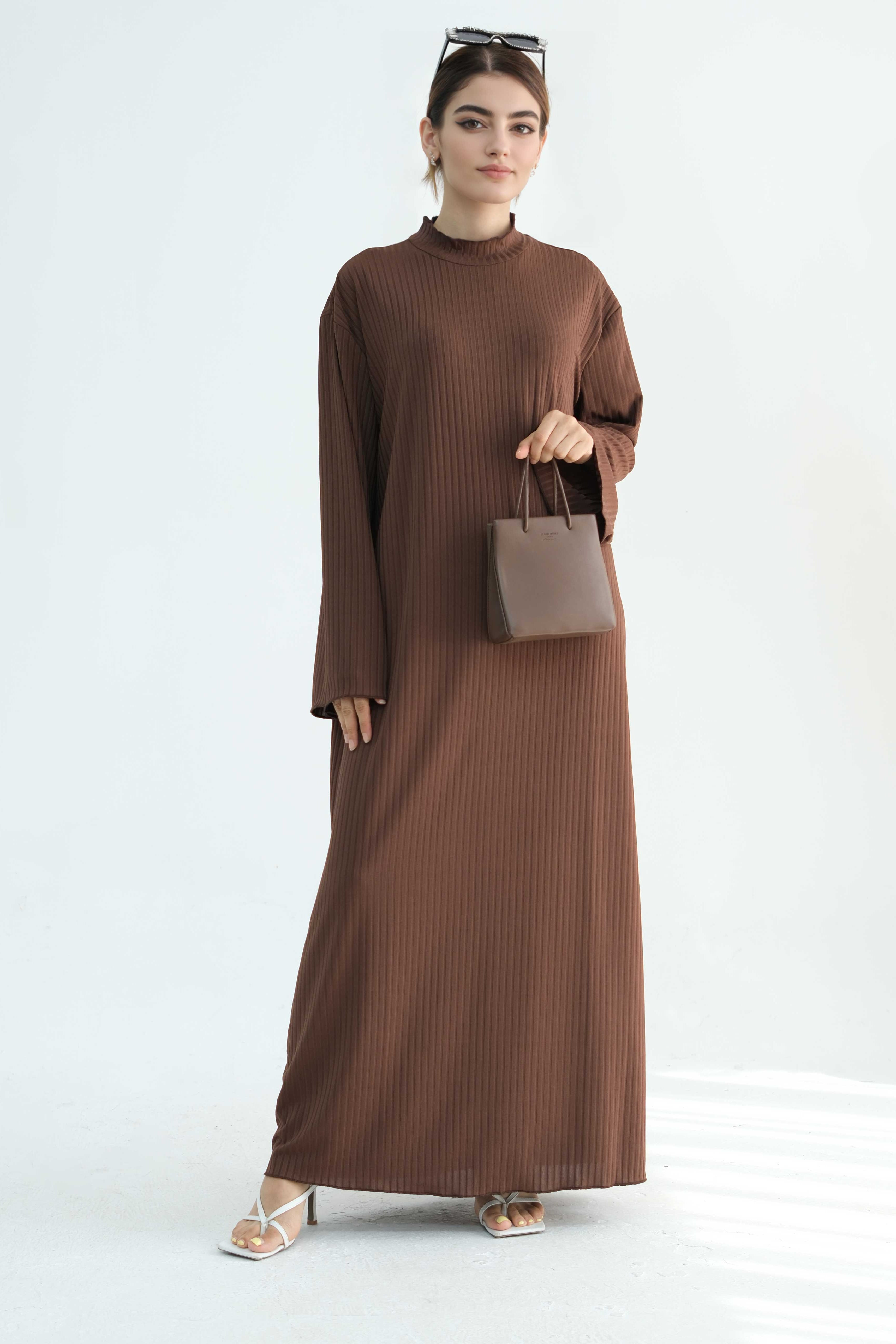 ZAINAB Knit Ribbed Maxi Dress Abaya  905-Espresso