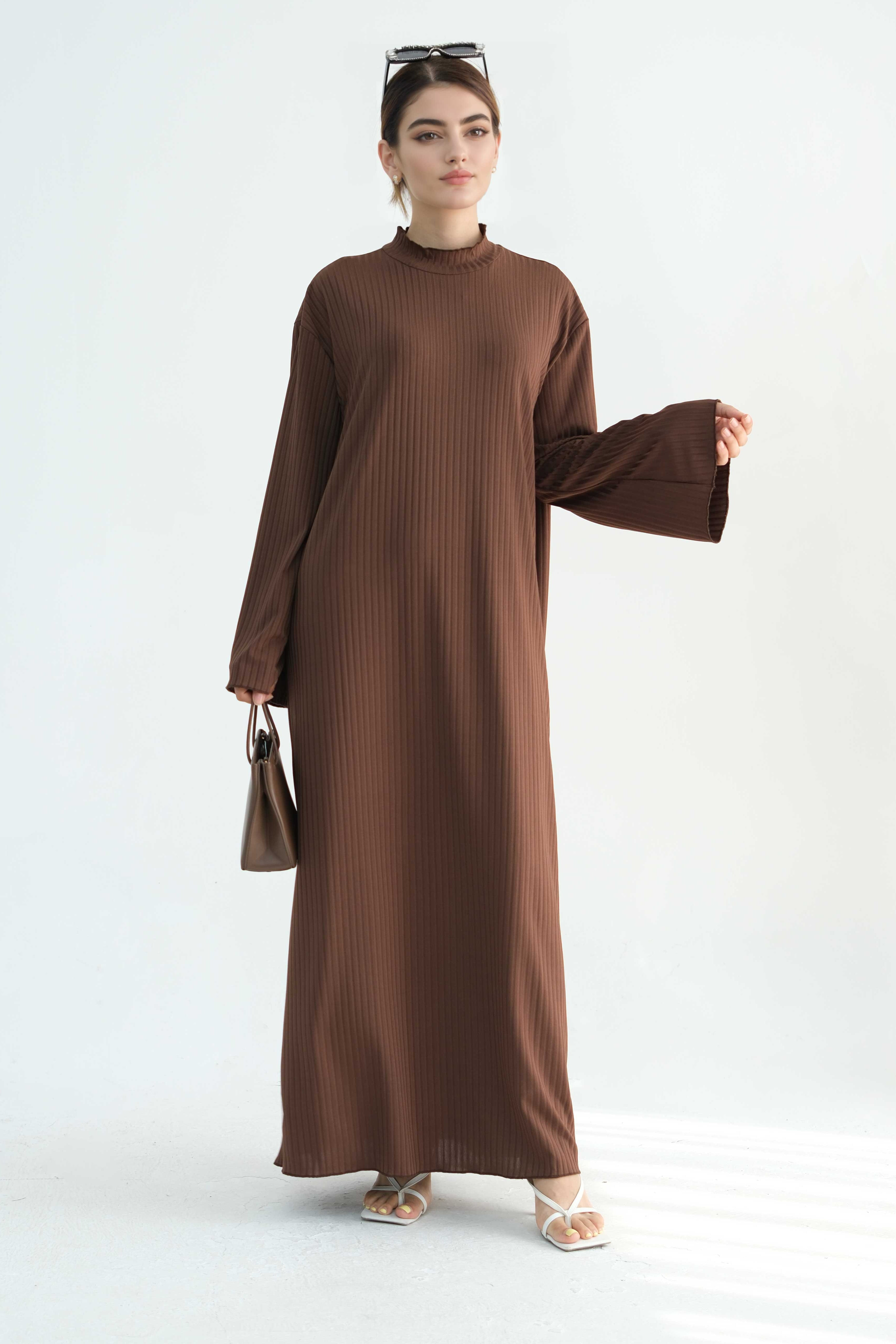 ZAINAB Knit Ribbed Maxi Dress Abaya  905-Espresso