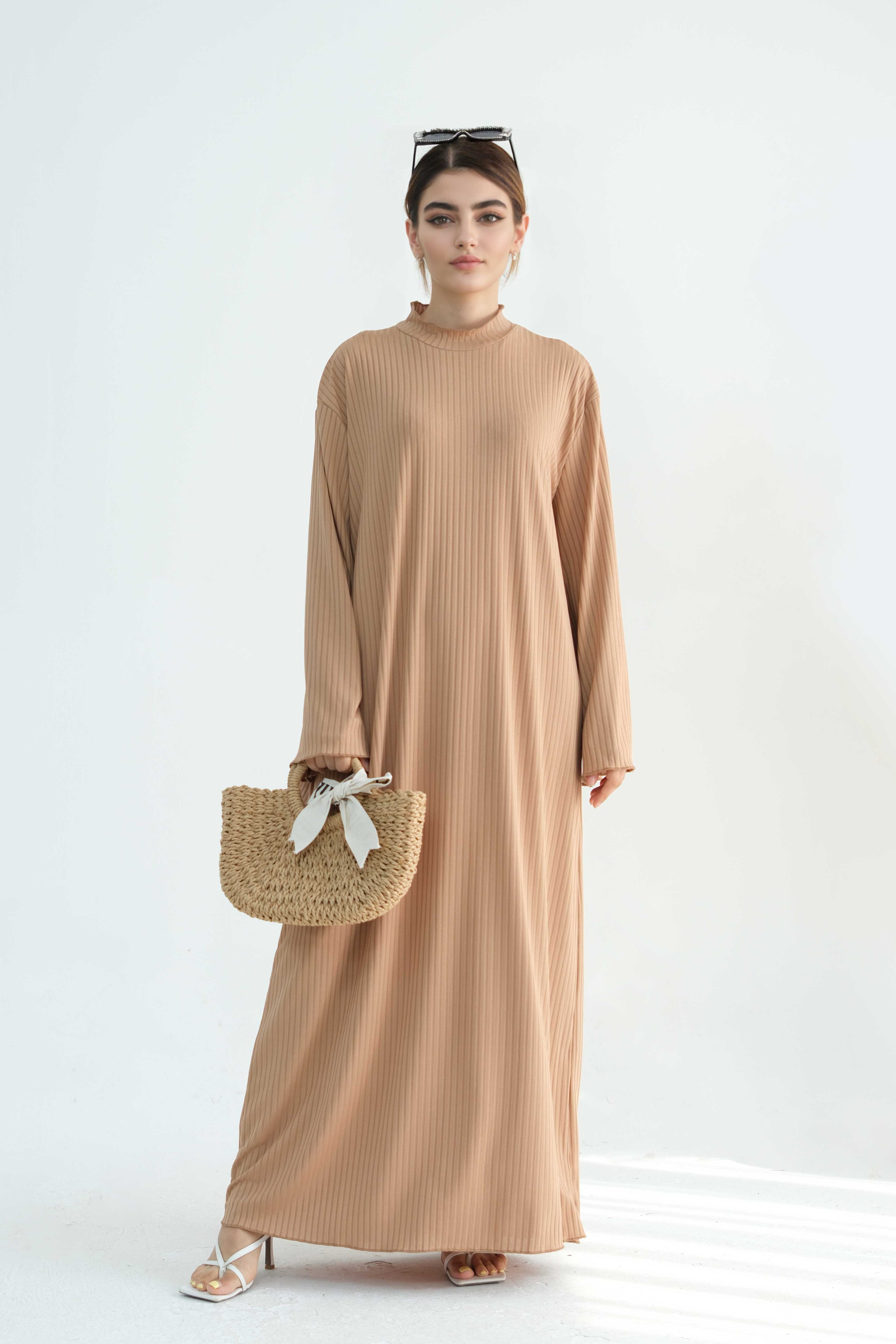 ZAINAB Knit Ribbed Maxi Dress Abaya  905-Khaki