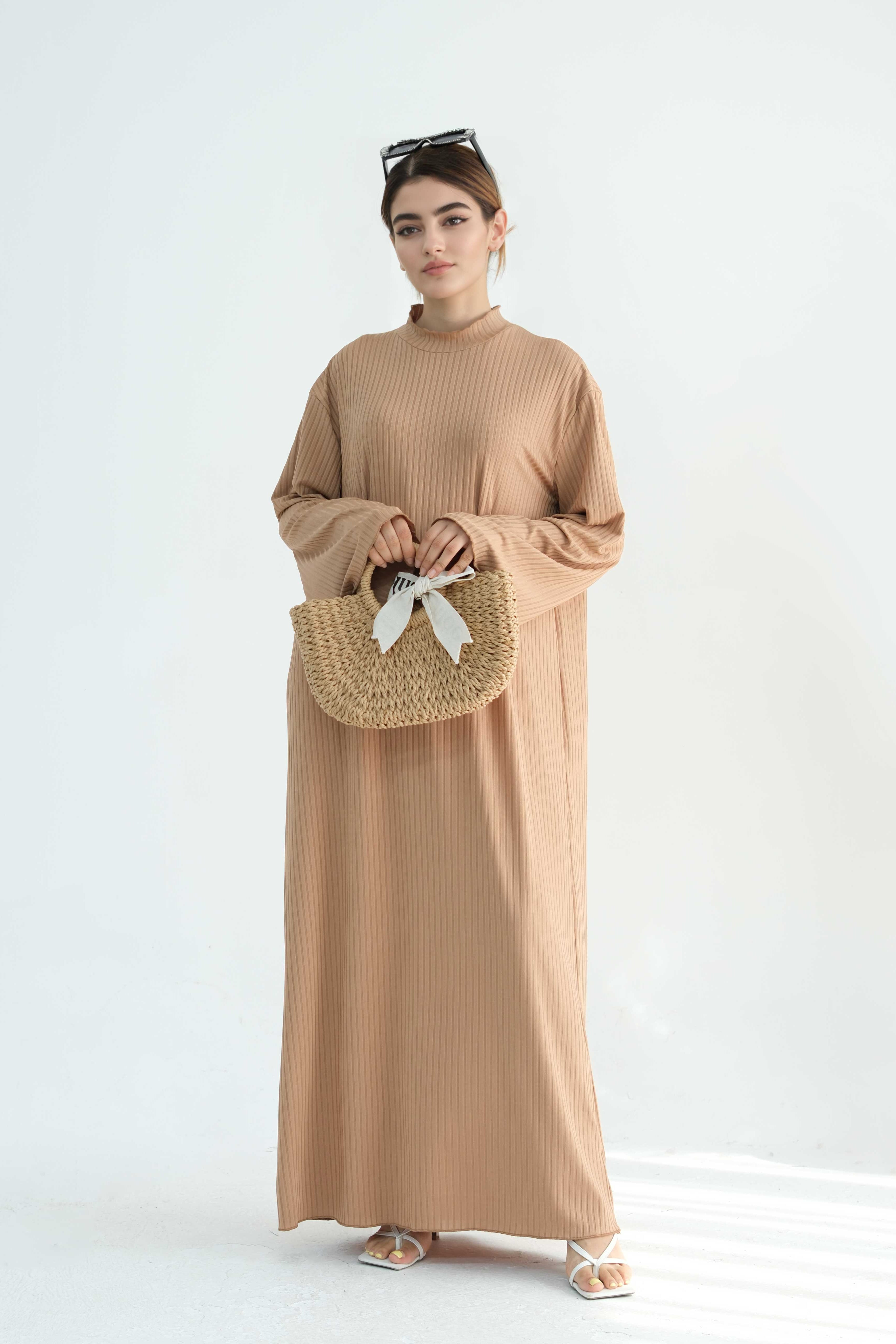 ZAINAB Knit Ribbed Maxi Dress Abaya  905-Khaki