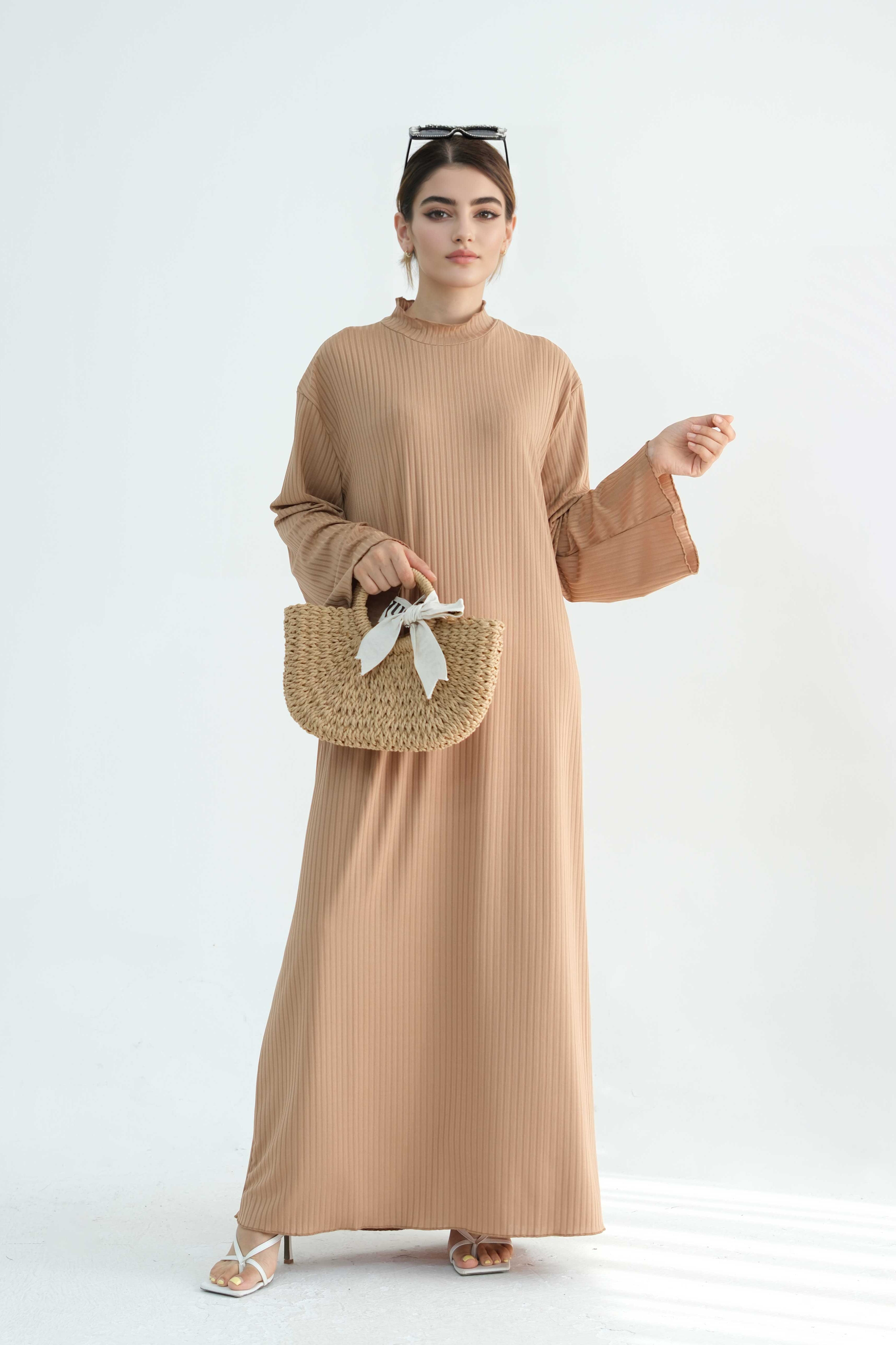 ZAINAB Knit Ribbed Maxi Dress Abaya  905-Khaki