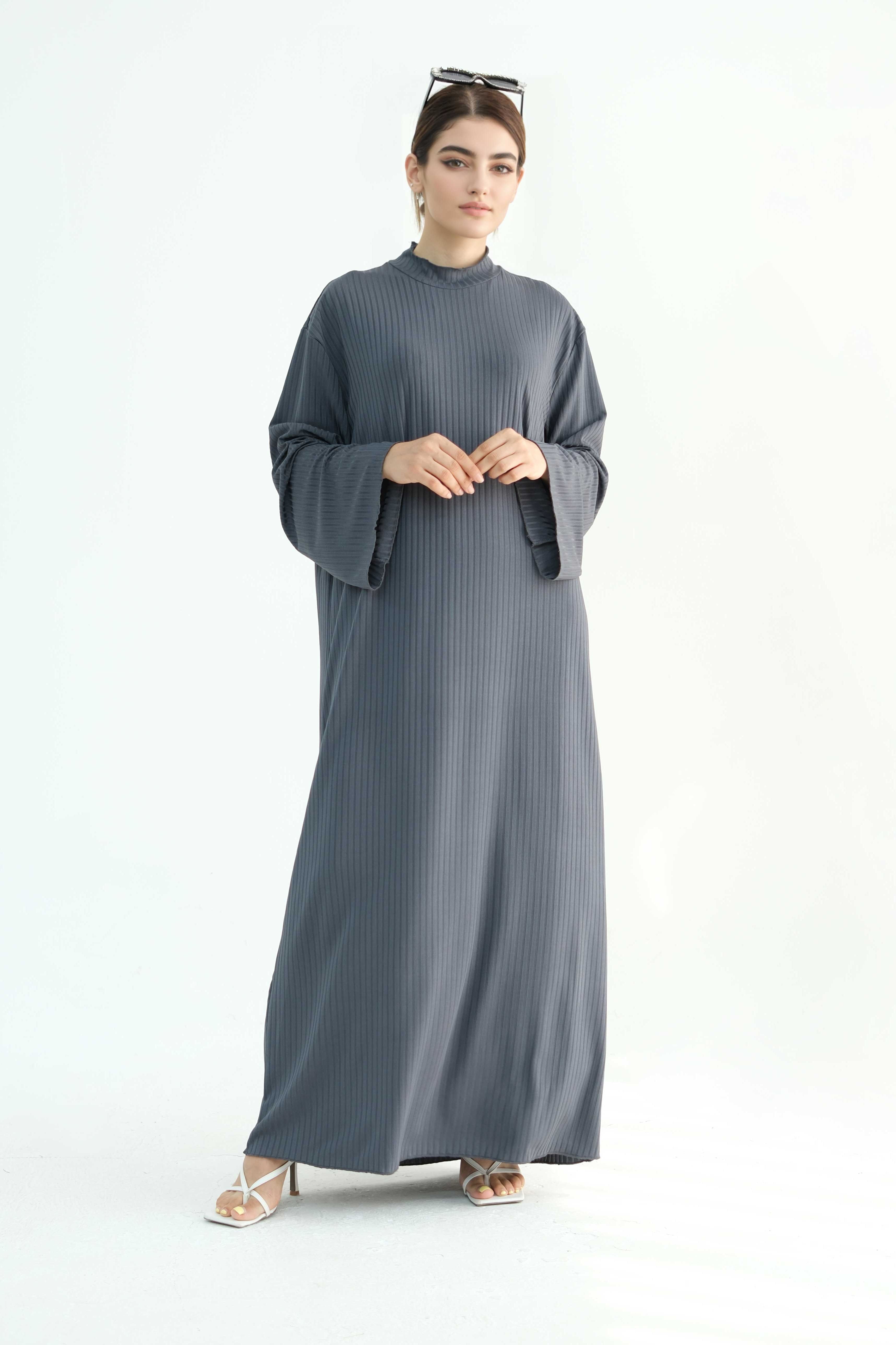 ZAINAB Knit Ribbed Maxi Dress Abaya  905-Dark Grey