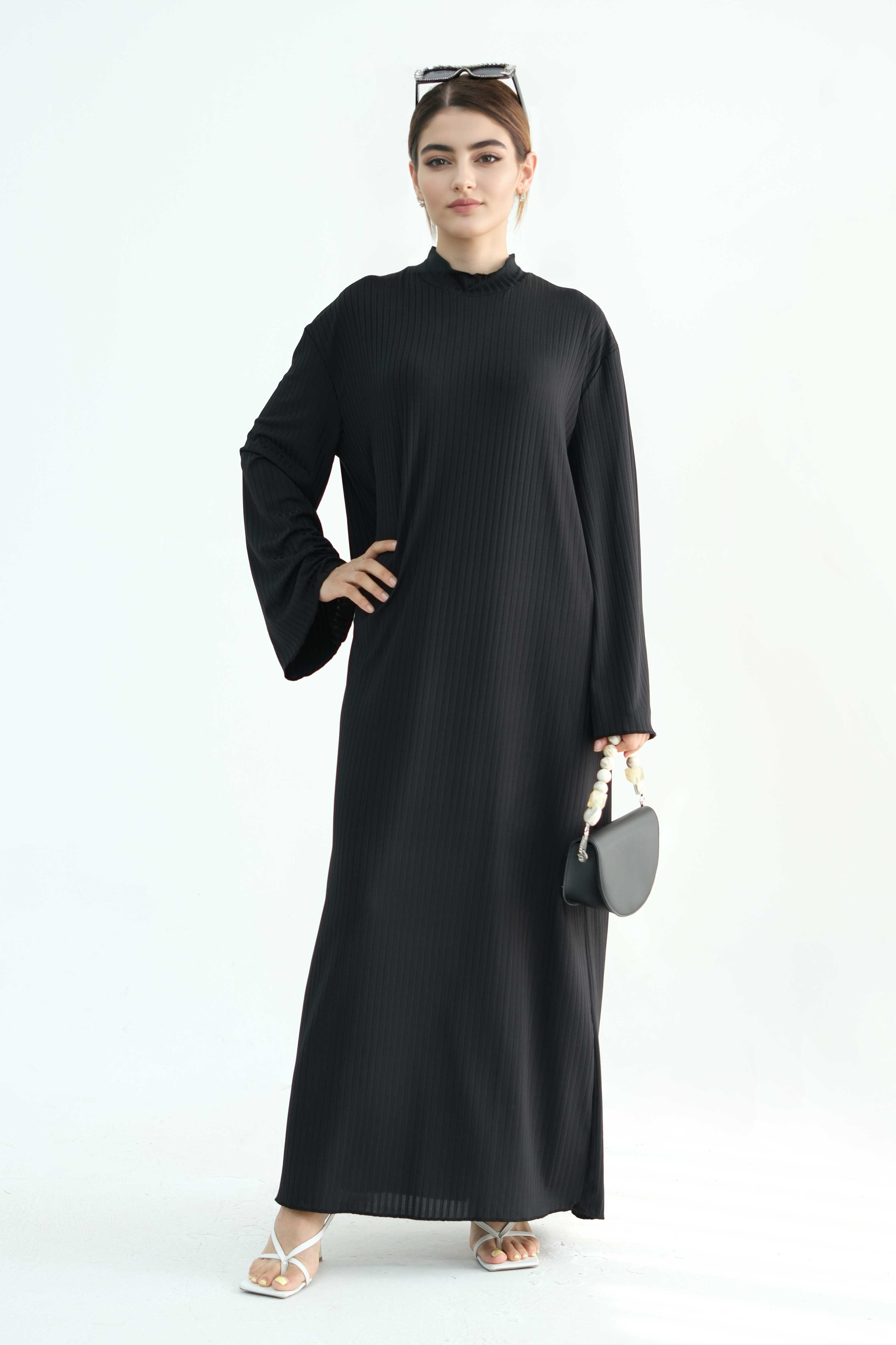 ZAINAB Knit Ribbed Maxi Dress Abaya  905-Black