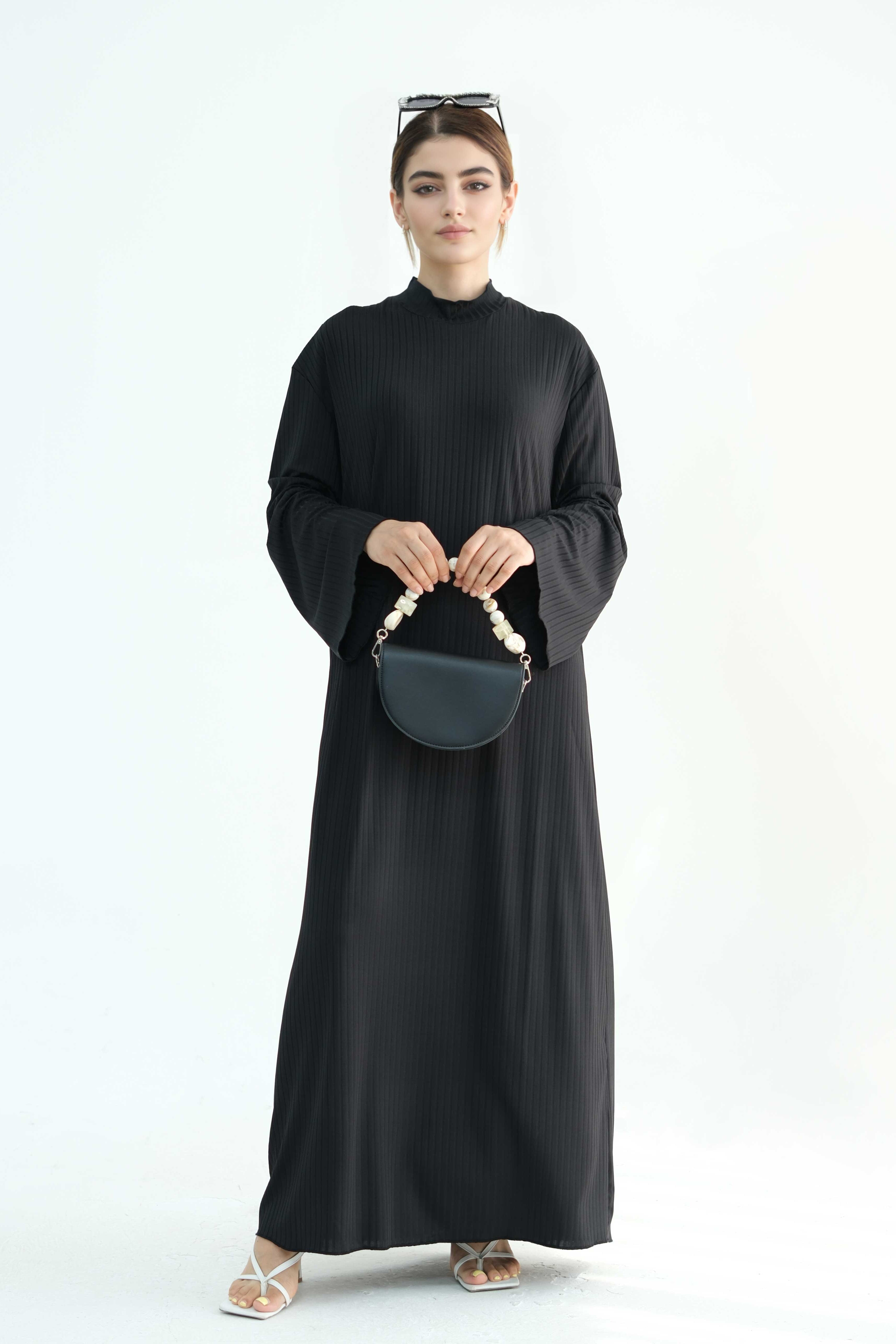 ZAINAB Knit Ribbed Maxi Dress Abaya  905-Black