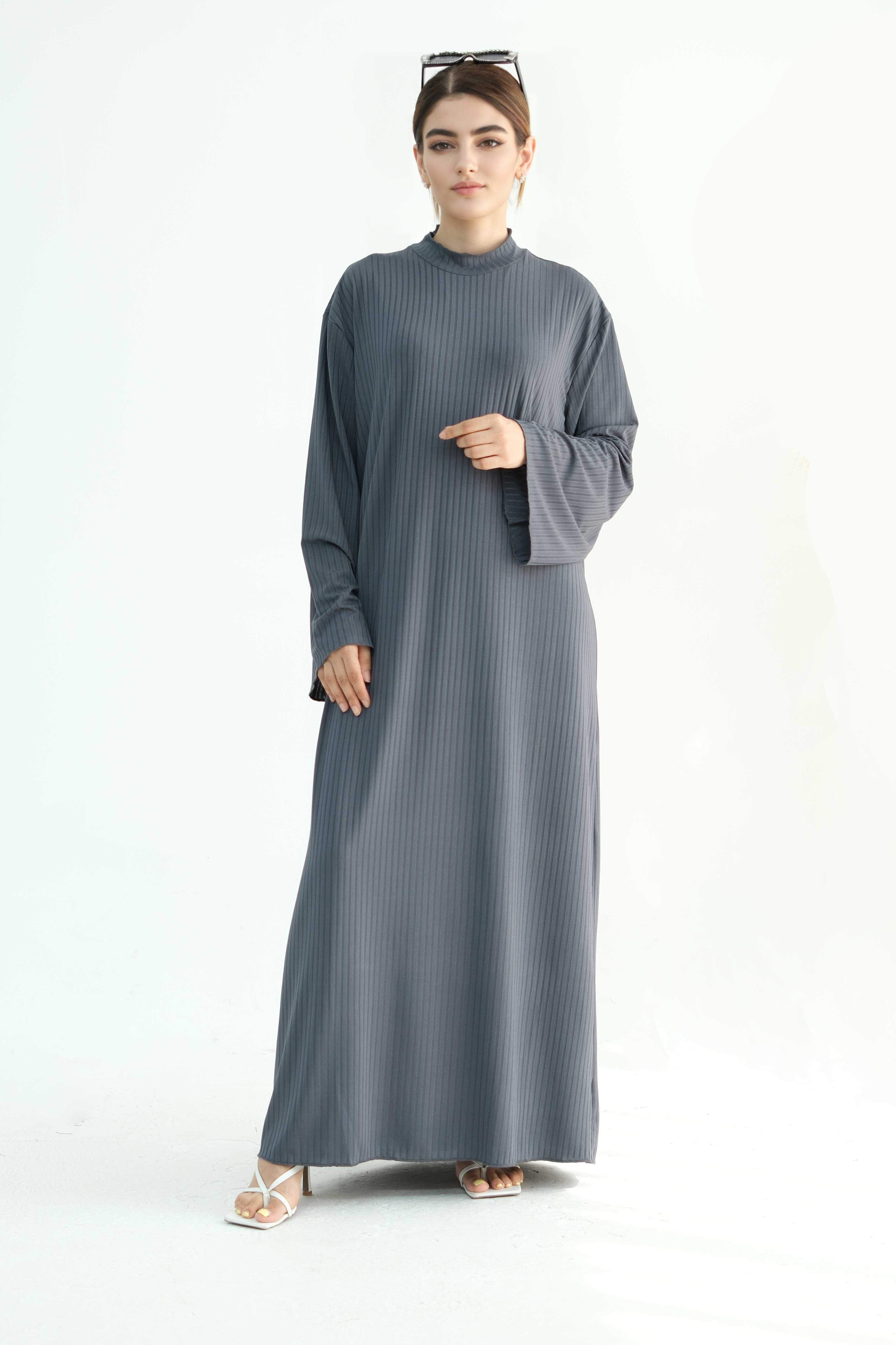 ZAINAB Knit Ribbed Maxi Dress Abaya  905-Dark Grey