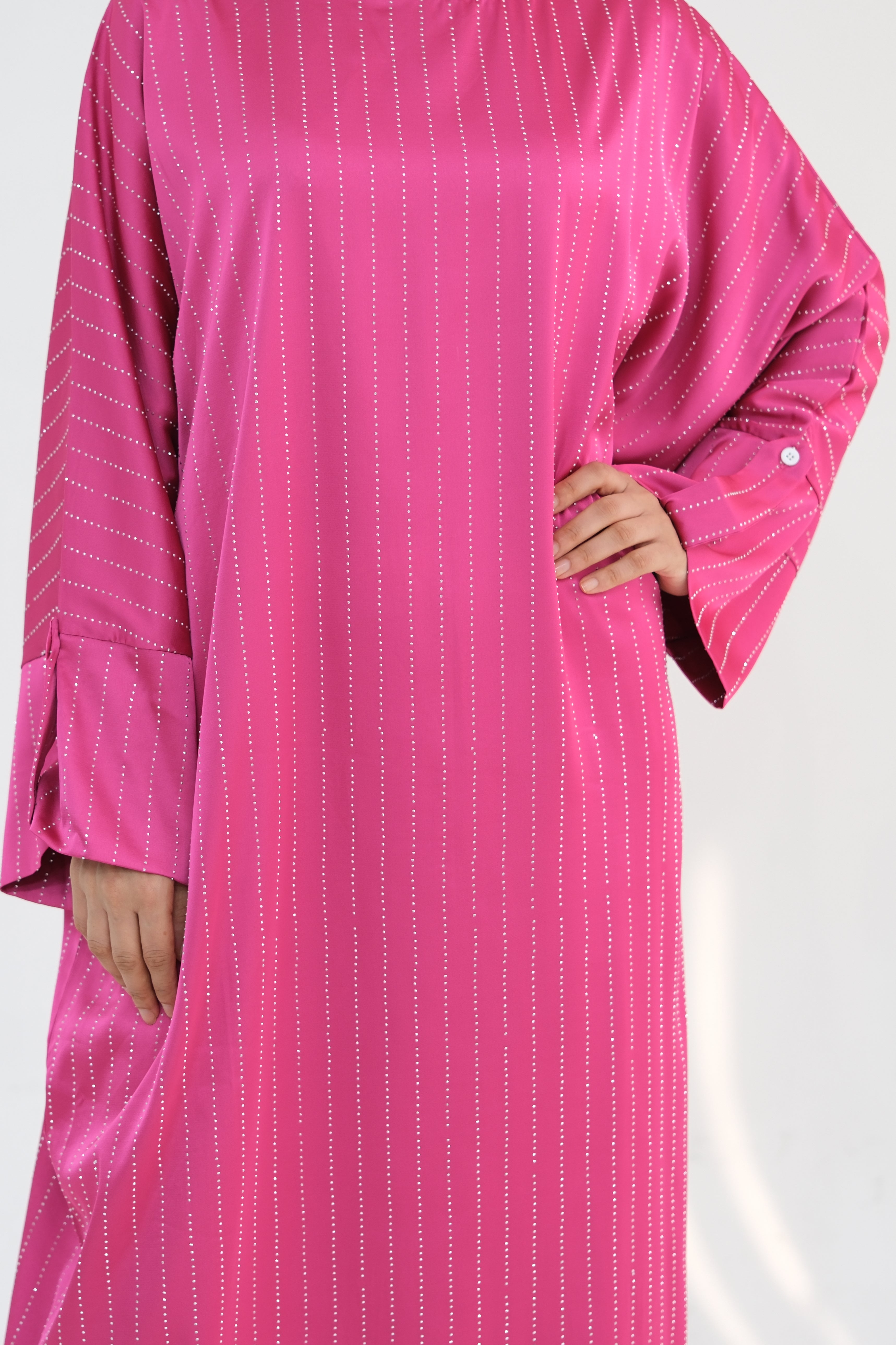 Naila Vertical Stripe Design Maxi Dress Abaya 884-Rose Red