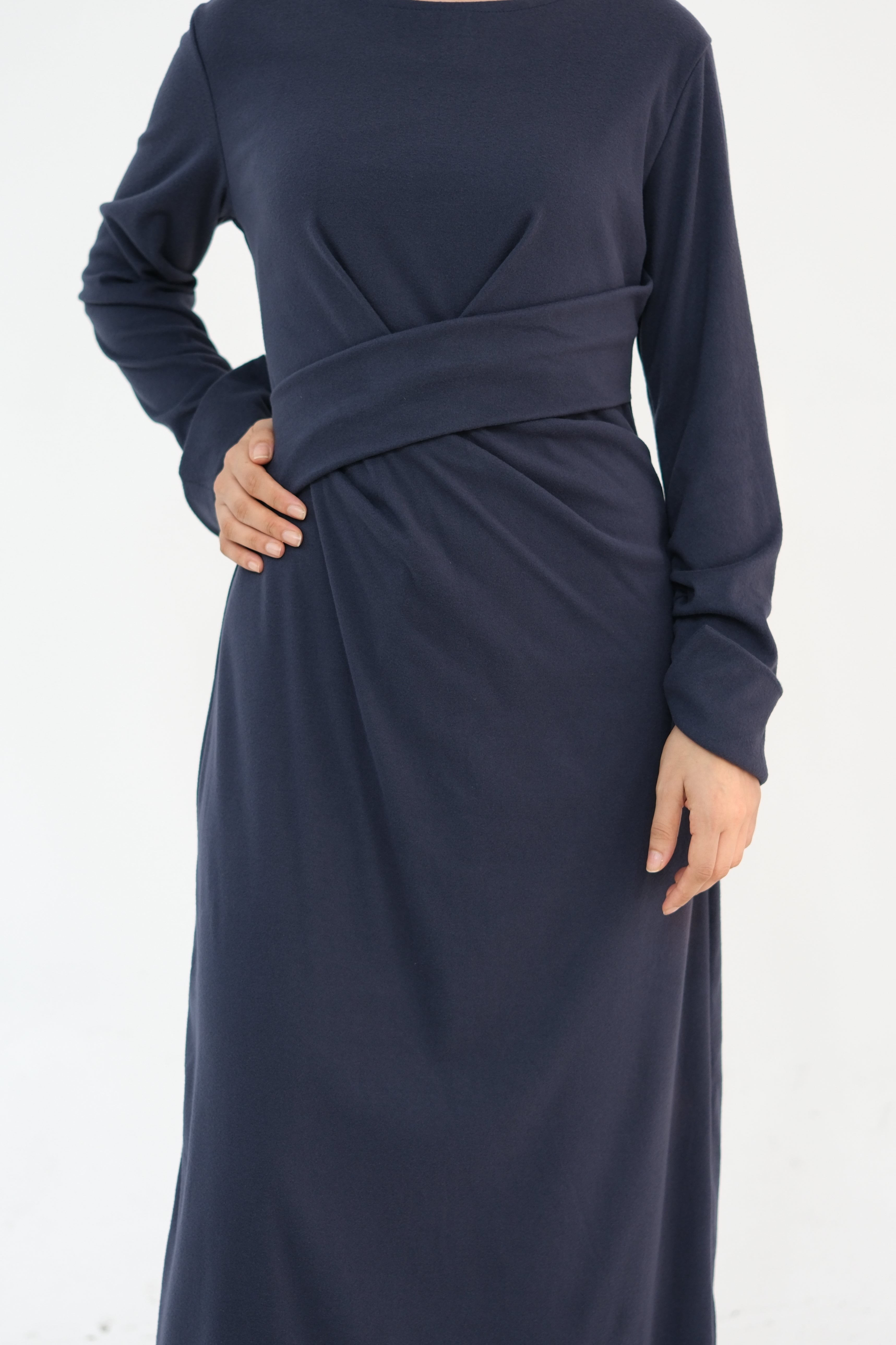 Hafsa Elegant Waist-Cinched Maxi Dress Abaya  889-Dark Blue