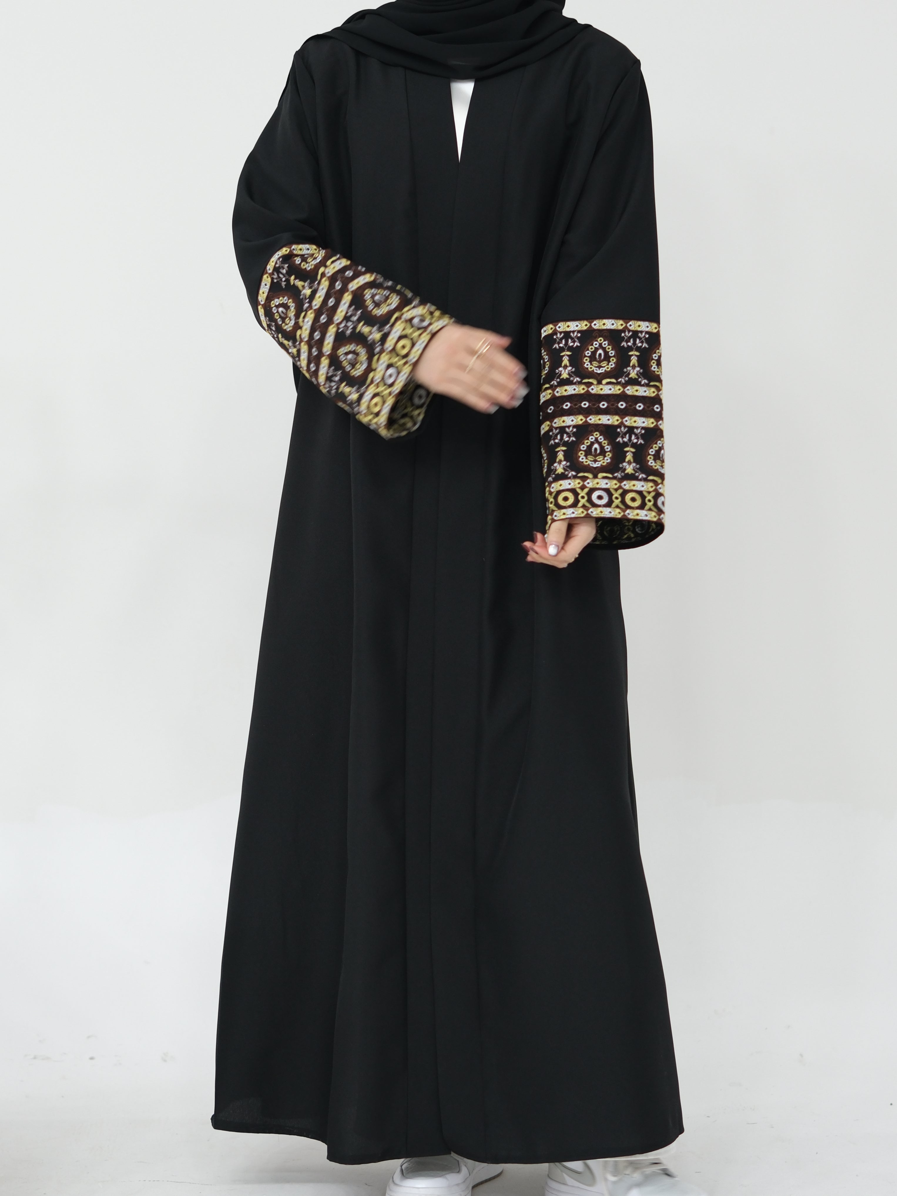 NAZIA Flower Pattern Embroidery Linen Modest Open Abaya 753 - Black - Meliza