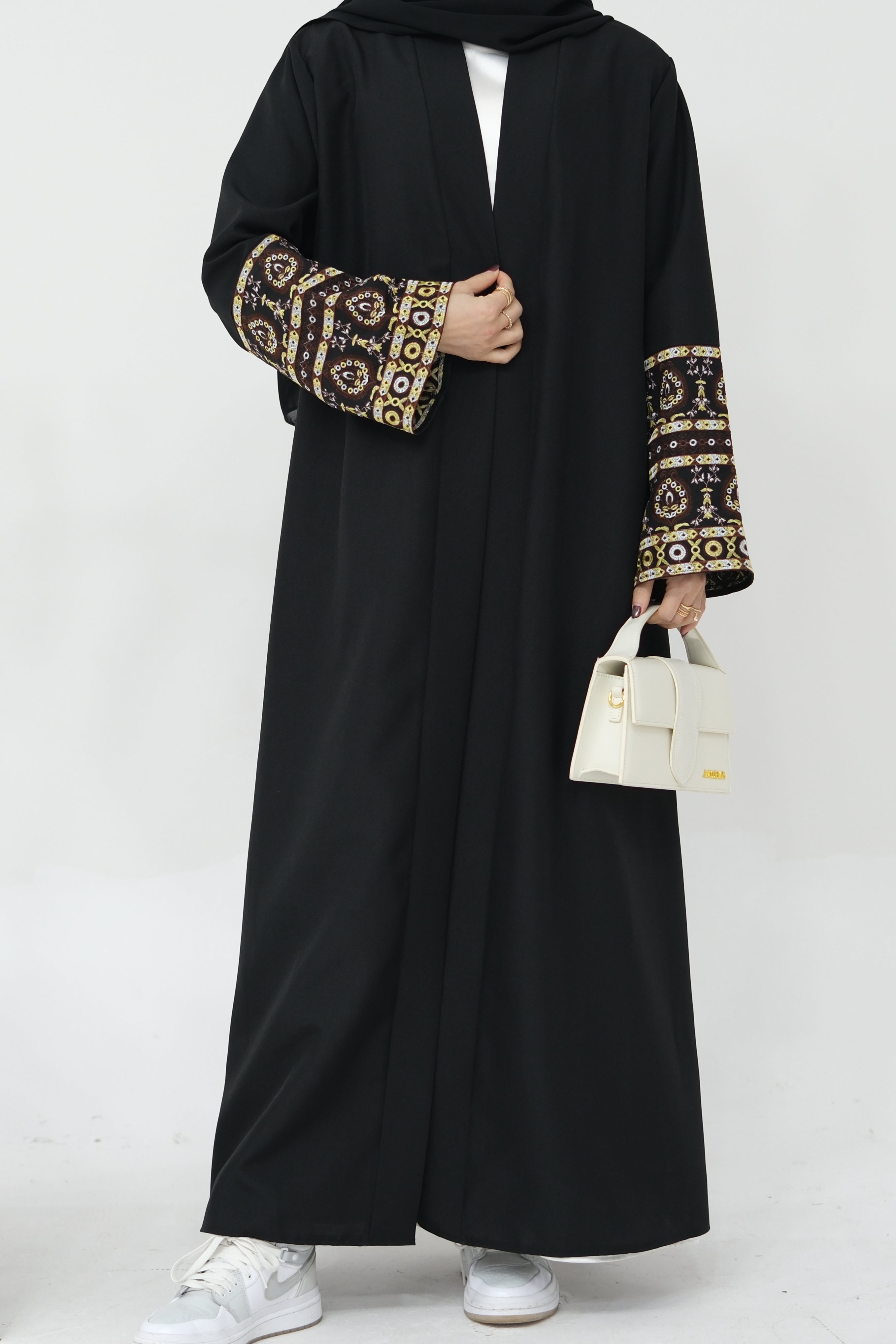 NAZIA Flower Pattern Embroidery Linen Modest Open Abaya 753 - Black - Meliza