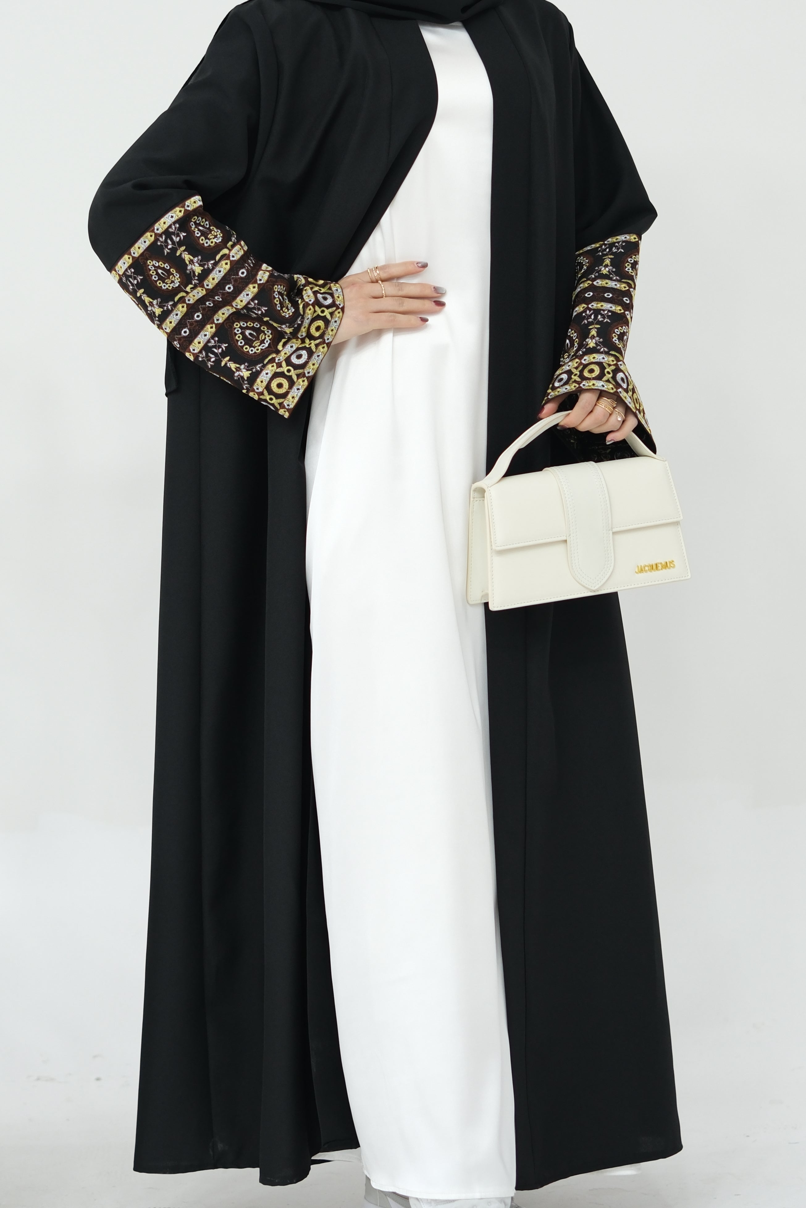 NAZIA Flower Pattern Embroidery Linen Modest Open Abaya 753 - Black - Meliza